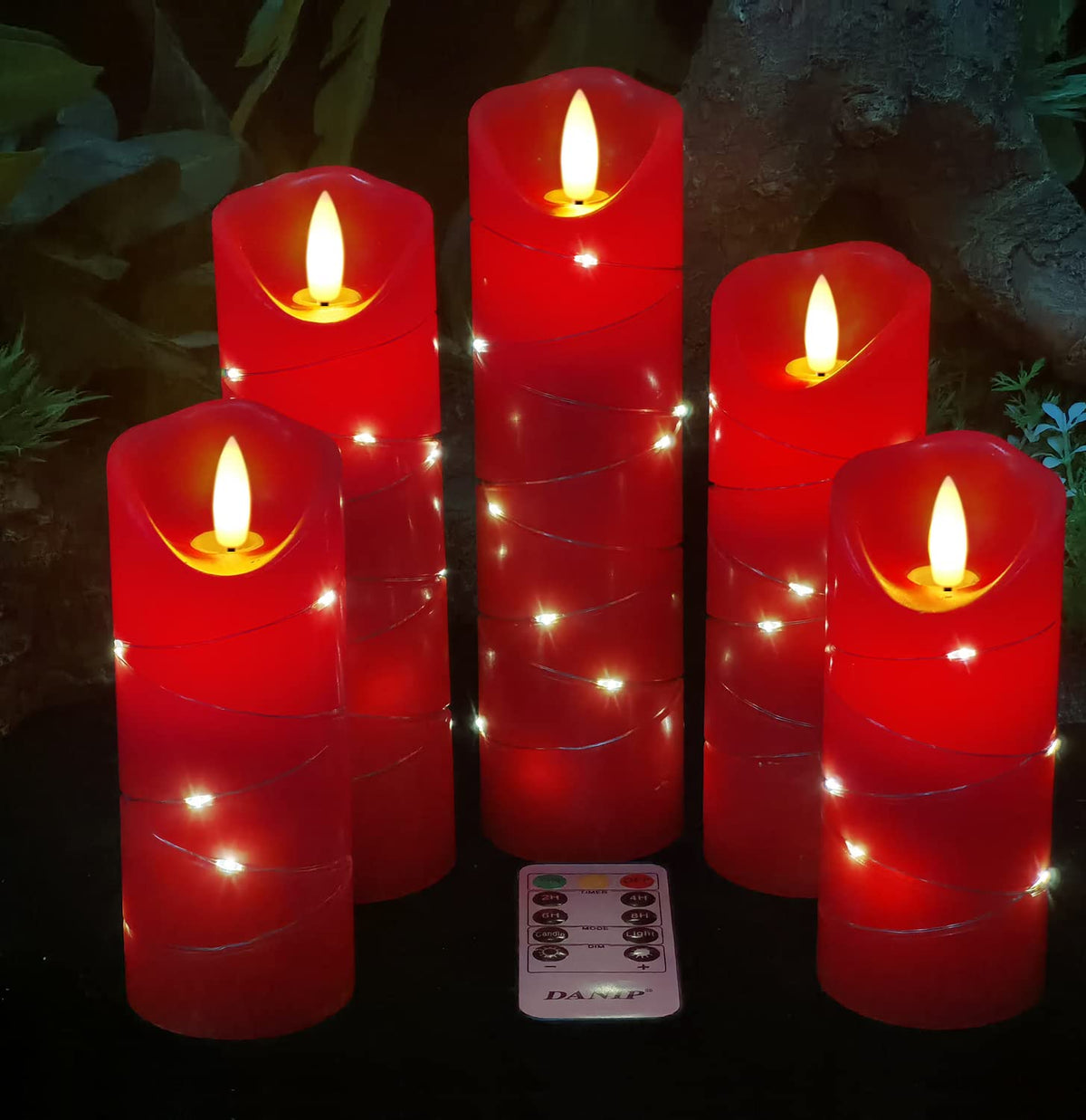 Danip Red Led Flameless Candle With Embedded Star String, 5Piece Led Candle With 11 Button Remote Control, 24 Hours Timer Functi