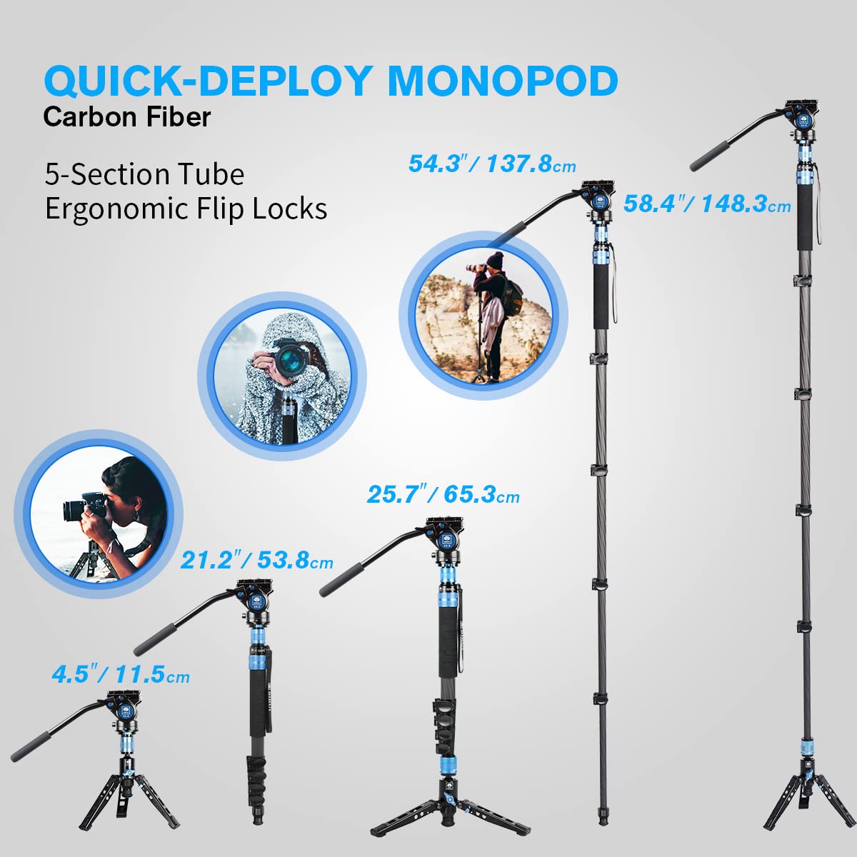 Sirui P 325Fs Camera Monopod Kit, 58.4'' Lightweight Telescopic Carbon Fiber Video Monopod With Va 5 Fluid Video Head, Tripod St