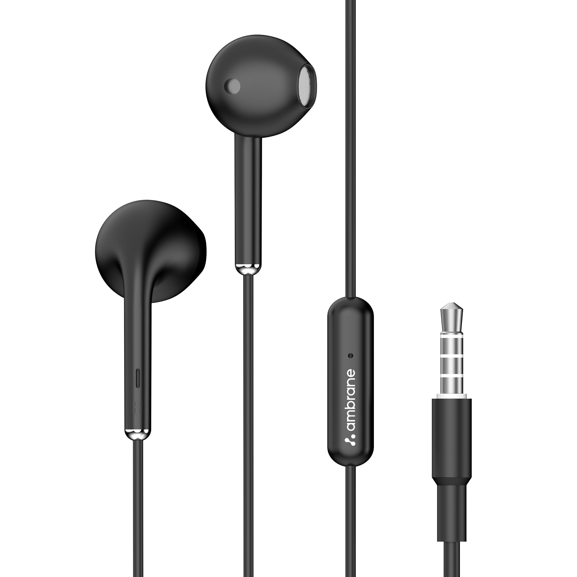 Ambrane Wired in Earphones with inline Mic for Clear Calling, 14mm Dynamic Drivers for BoostedBass, 3.5mm Jack, MultiFunctiona