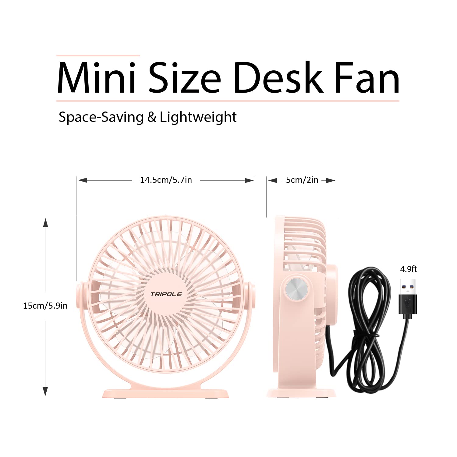 Tripole Mini Desk Fan Usb Powered Portable Fan 3 Speeds Strong Airflow Small Fan 360Rotation Personal Fan 5.1 Inch Table Fan For