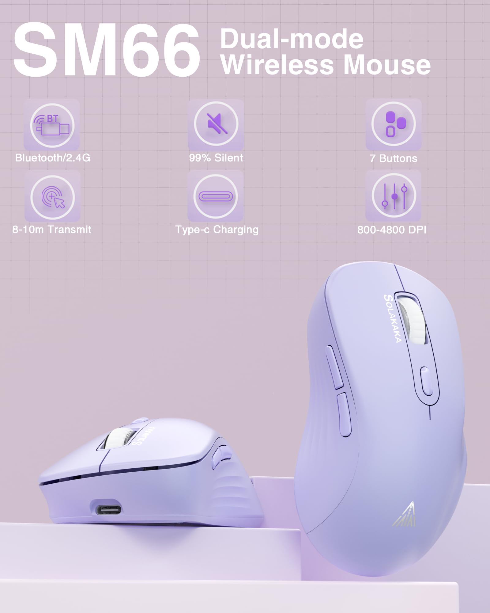 Solakaka Sm66 Purple Silent Dual Mode Wireless Mouse For Laptop, Adjustable 4800 Dpi,Rechargeable Computer Mouse For Bluetooth A
