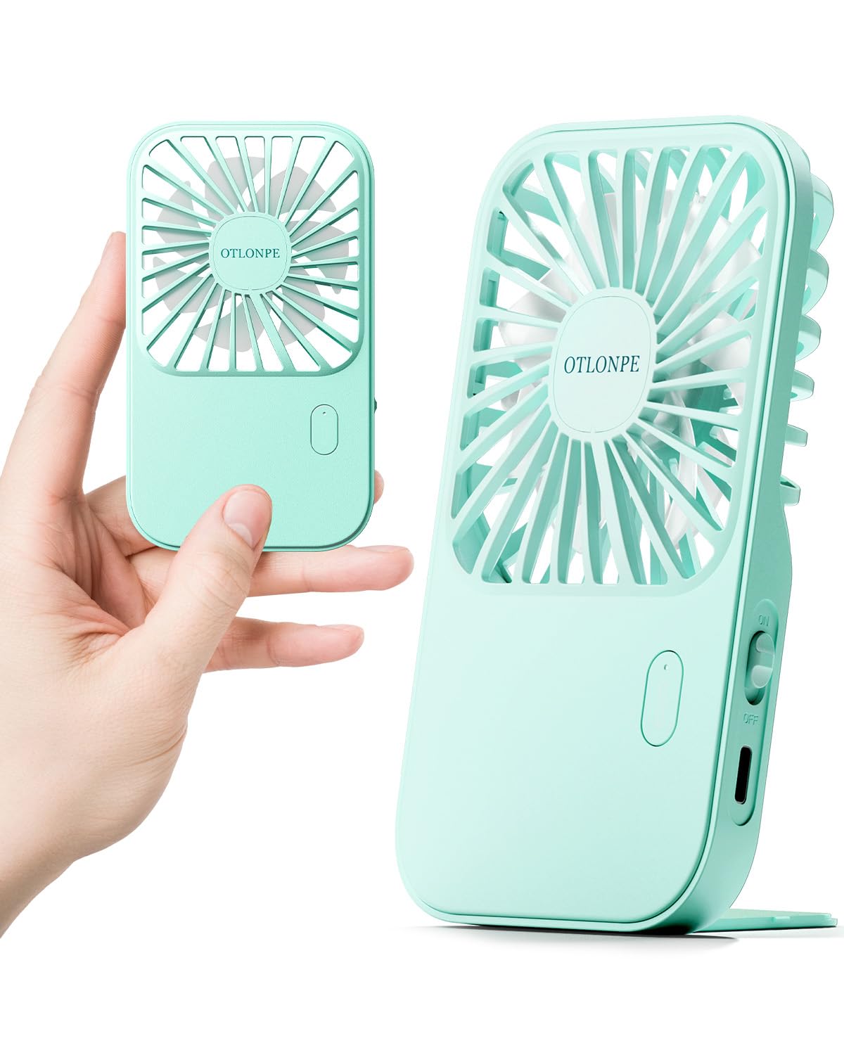 Otlonpe Mini Portable Handheld Fan, Small Rechargeable Pocket Travel Fan With Hand Held Desktop Modes, Foldable Stand, Lanyard,