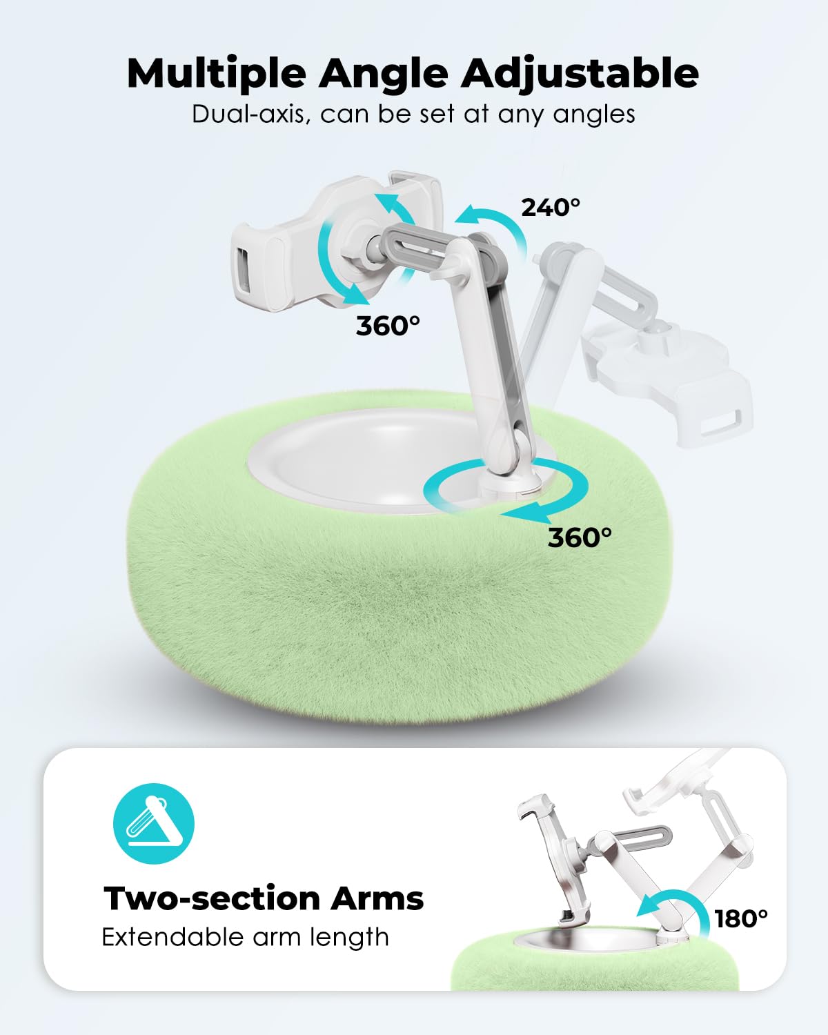 Viozon Tablet Stand Pillow, Compatible with 4.7' 13' Phone/Tablet, iPad, iPhone, Samsung, Google, Kindle, 360�Adjustable Phone Holder for Bed with Soft Plush Fabric, and Detachable Bowl, Green