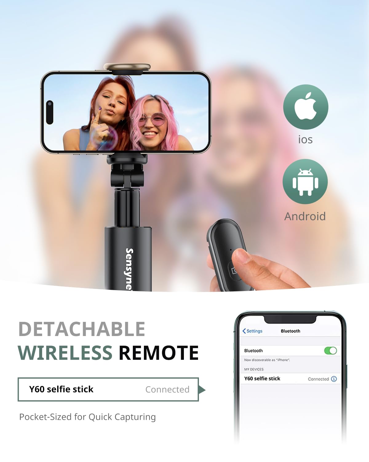 Sensyne 60' Phone Tripod & Selfie Stick, Lightweight All In One Phone Tripod Integrated With Wireless Remote Compatible With All Cell Phones For Selfie/Video Recording/Photo/Live Stream/Vlog(Black)