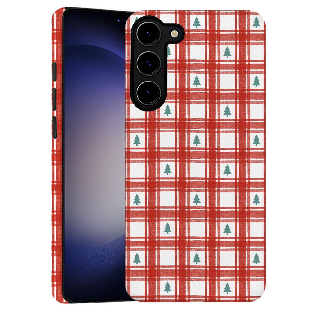 TnXee Case for Samsung Galaxy S23,Christmas Tree Red Gingham Pattern Phone Case Drop Resistant Frosted 2 in 1 Solid Dual-Layer C