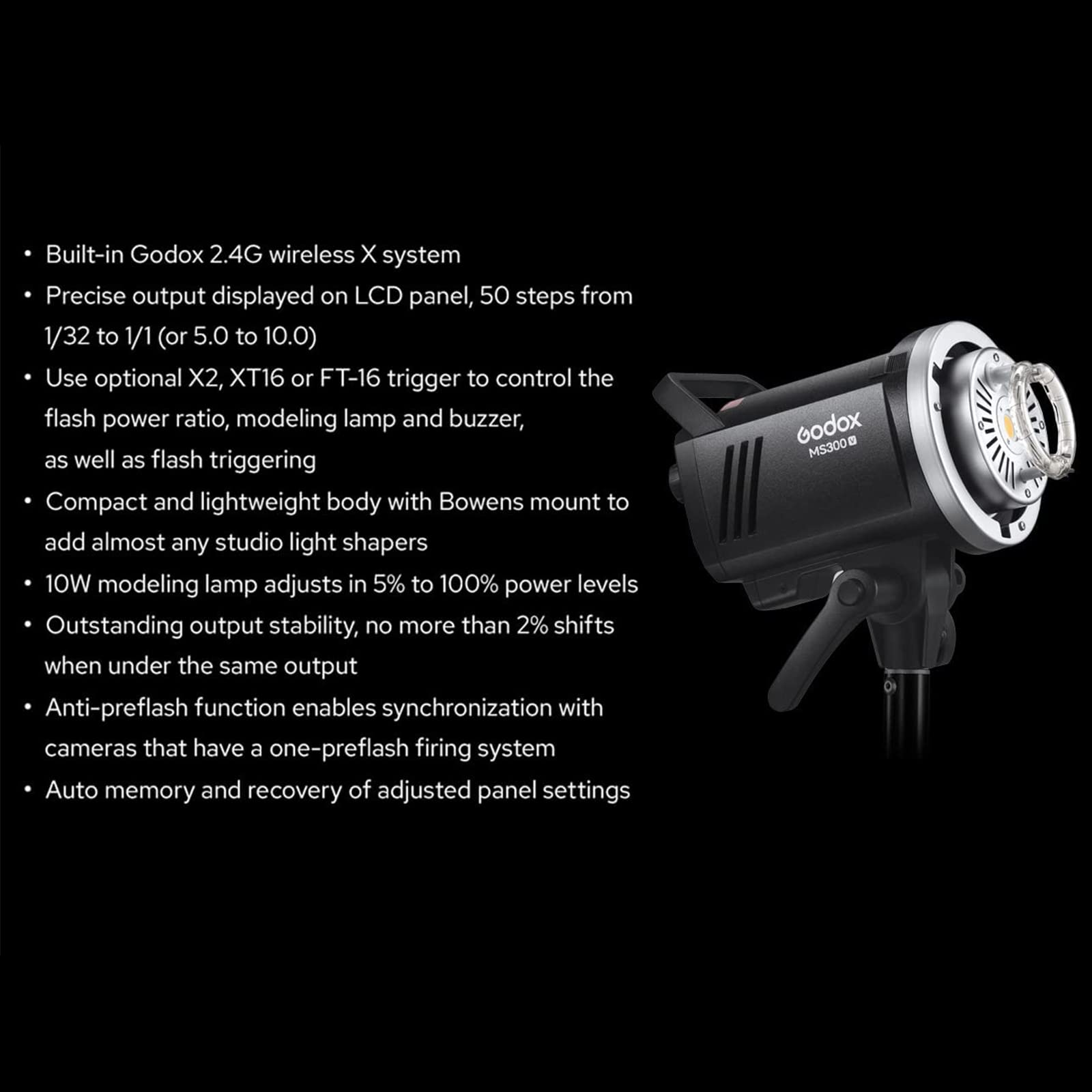 Godox Ms300V Ms300 V Compact Studio Strobe Flash Light   300W,Gn58 0.1 1.8S Recycle Time,2.4G X System,Bowens Mount Led Modeling