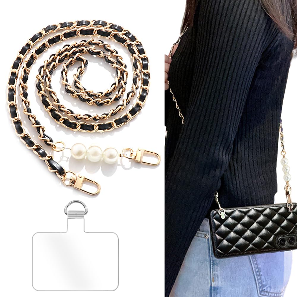 Turkalla Phone Crossbody Chain Cell Phone Lanyard,Pear&Leather+Metal Chain Universal Cellphone Strap with Tether Patches for Mos