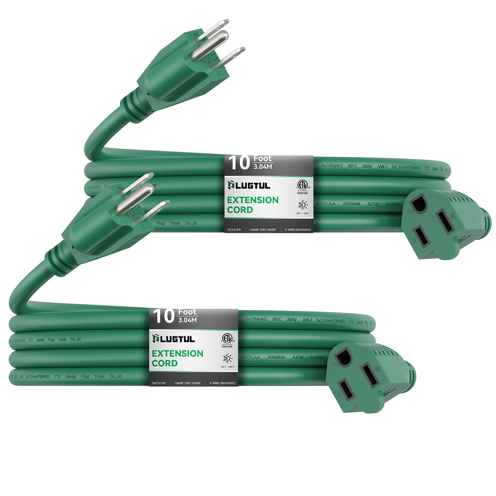 Plugtul 2 Pack 10Ft Outdoor Extension Cord Waterproof 16/3 Green Heavy Duty 3 Prong Extension Cord, 13A 1625W Sjtw, Etl Listed,