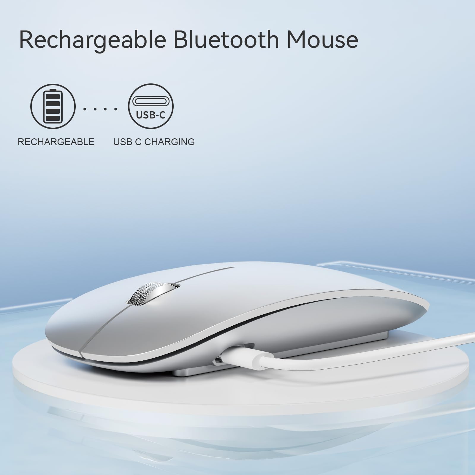 Tenmos M18 Bluetooth Mouse, Usb C Rechargeable Wireless Mouse, Triple Mode (Dual Bluetooth+Usb) Computer Silent Mice Portable With Usb Receiver And Type C Adapter For Laptop/Macbook/Ipad/Pc   Silver
