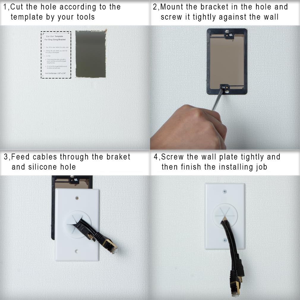 Syunko Cable Wall Plate 5 Pack, 1 Gang White Cable Pass Through Wall Plate With Low Voltage Mounting Bracket, Round Silicone Pas