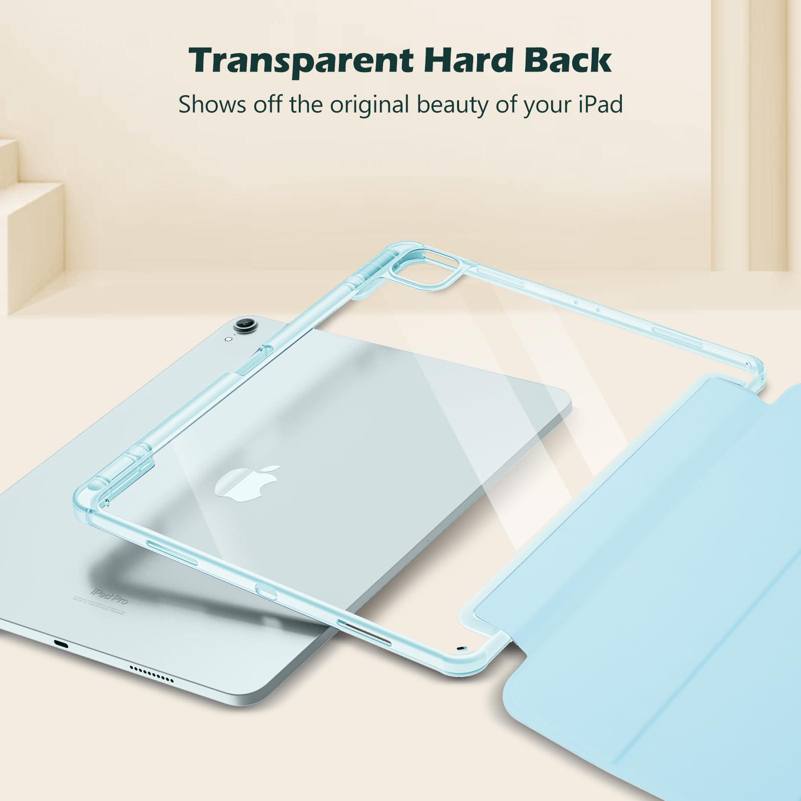 Procase For Ipad Air 13 Inch Case M3 2025/M2 2024 With Pencil Holder, Hybrid Smart Cover Ipad 13 Air M3 M2 Case With Clear Transparent Back, Supports Touch Id, Auto Wake/Sleep  Skyblue