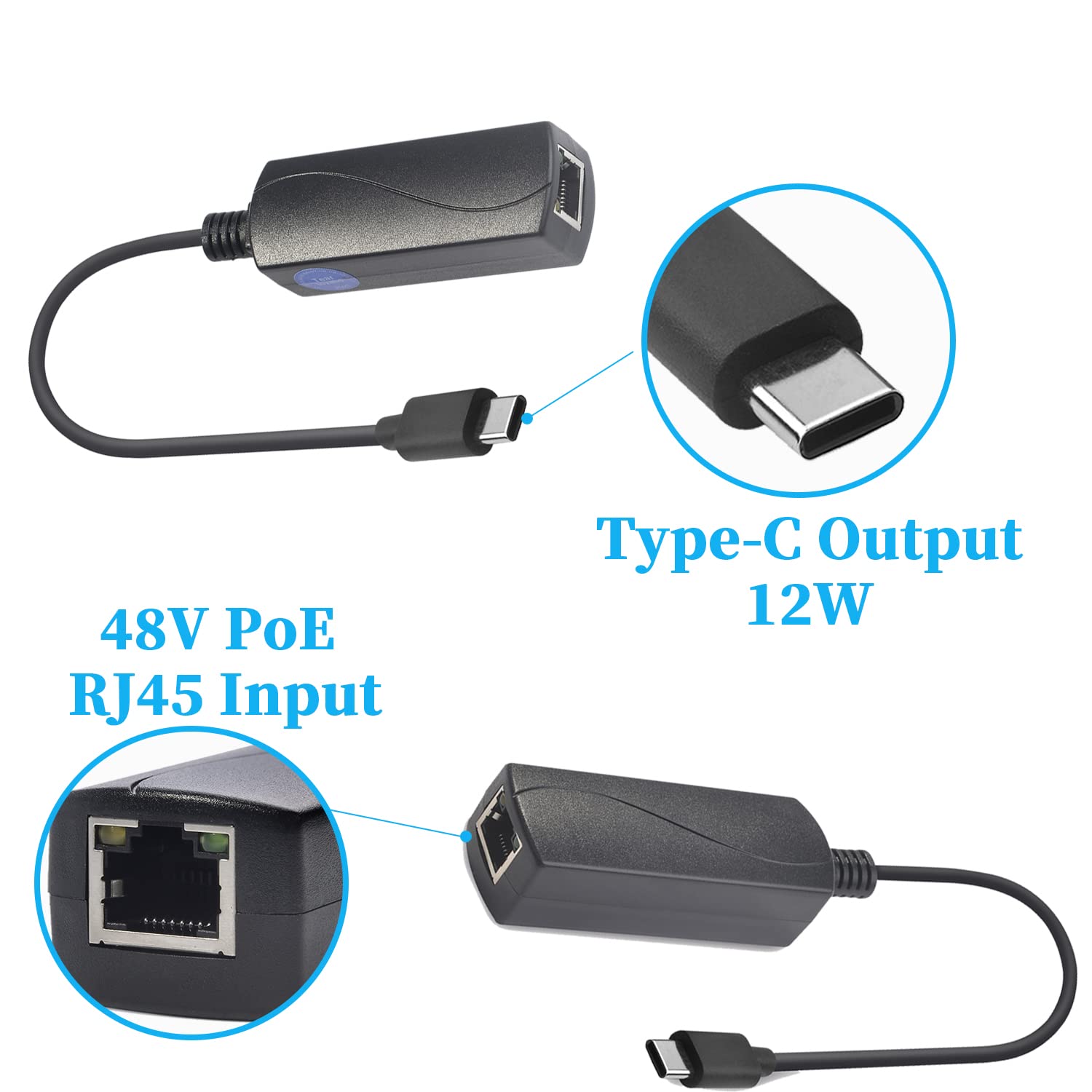 REVOTECH PoE to USB C Adapter Converter P2C5V with Ethernet 5V/2A Output Black