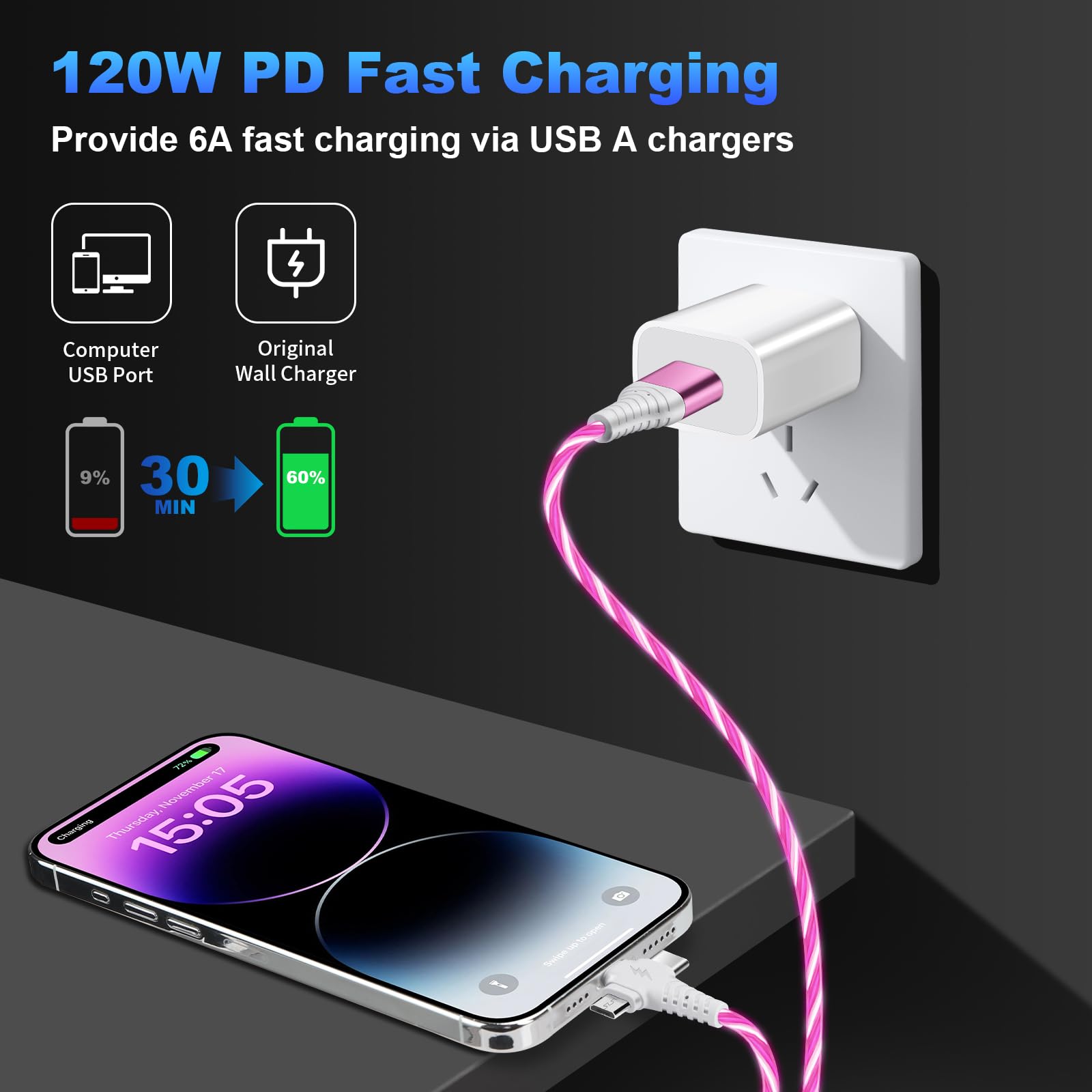 6.6Ft Light Up Multi Charging Cable 3 In 1 Glowing Fast Charging Cord 120W 3 In 1 Light Up Multi Charger Cable With Usb To Ios/T