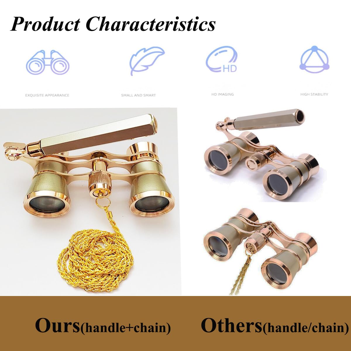 Binocular Telescope 3    25,Foldable Handle,Compact Lightweight With Chain,Opera Glasses With Handle For Women And Children (Gol