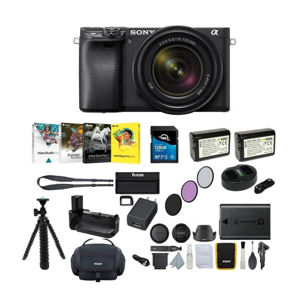 Sony Alpha a6400 Mirrorless Digital Camera with 18-135mm Lens (Black) Bundle with Art Suite, Battery Grip, Memory Card, Cleaning