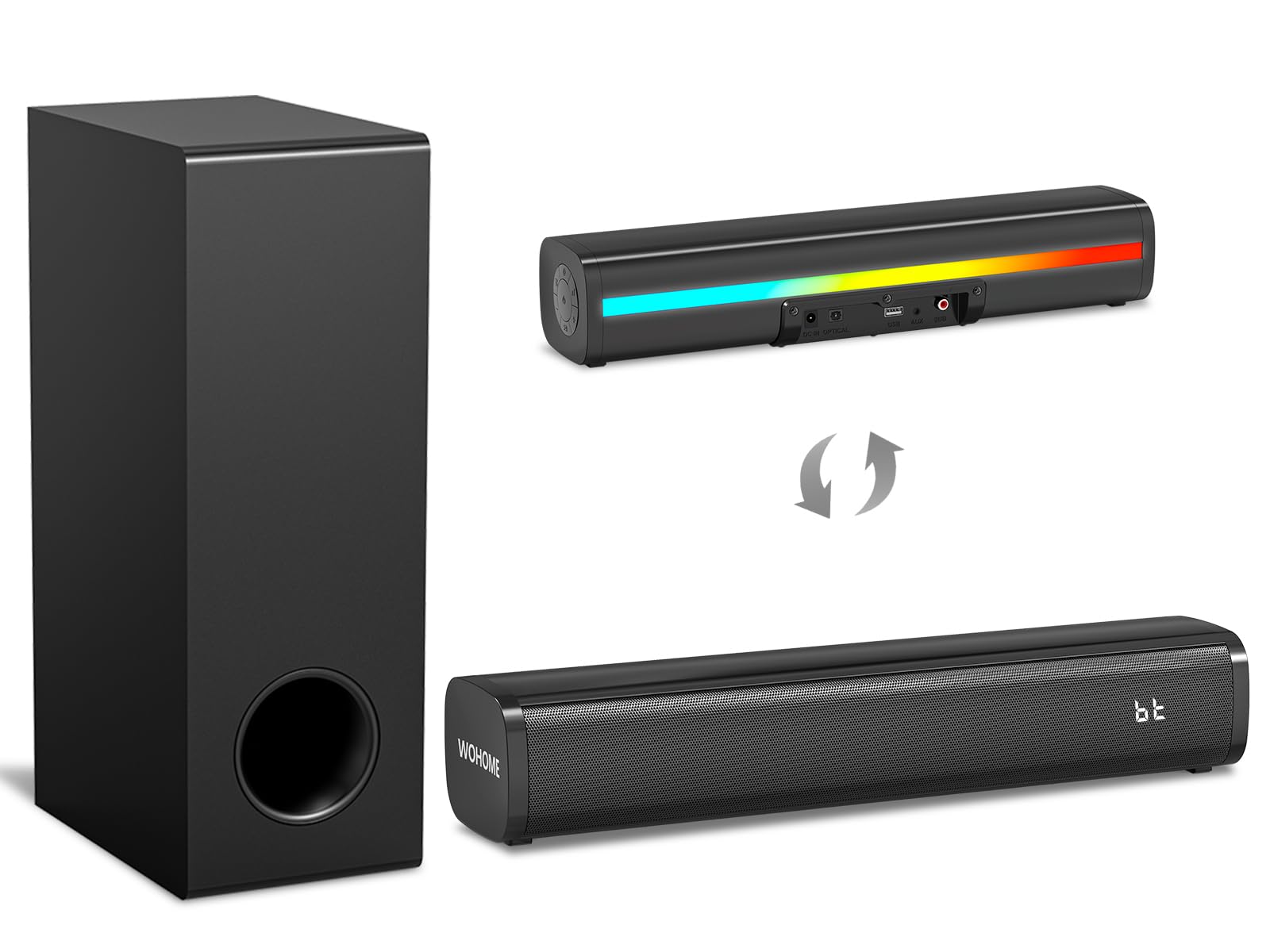 Wohome Sound Bar With Wired Subwoofer For Smart Tv, 2.1 Ch Small Tv Soundbar Speakers With Colorful Backlight Support Bluetooth 5.3/Optical/Aux Connectivity, S100 (Black With Subwoofer)