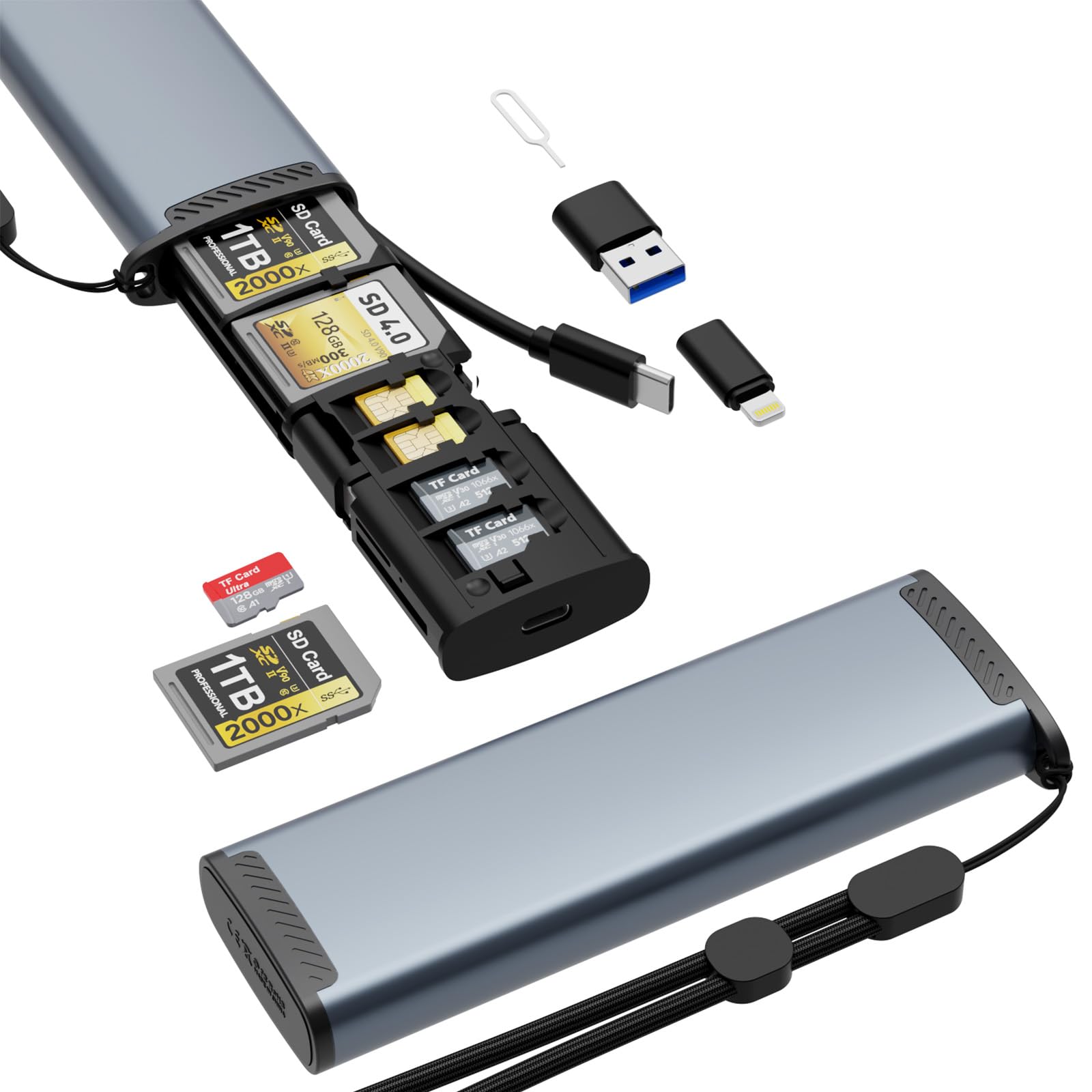 Card Reader With Card Carrying Case Holder, Usb C Lightning Usb3.0 Sd/Tf Card Reader Adapter Memory Card Reader For Micro Sdxc,M