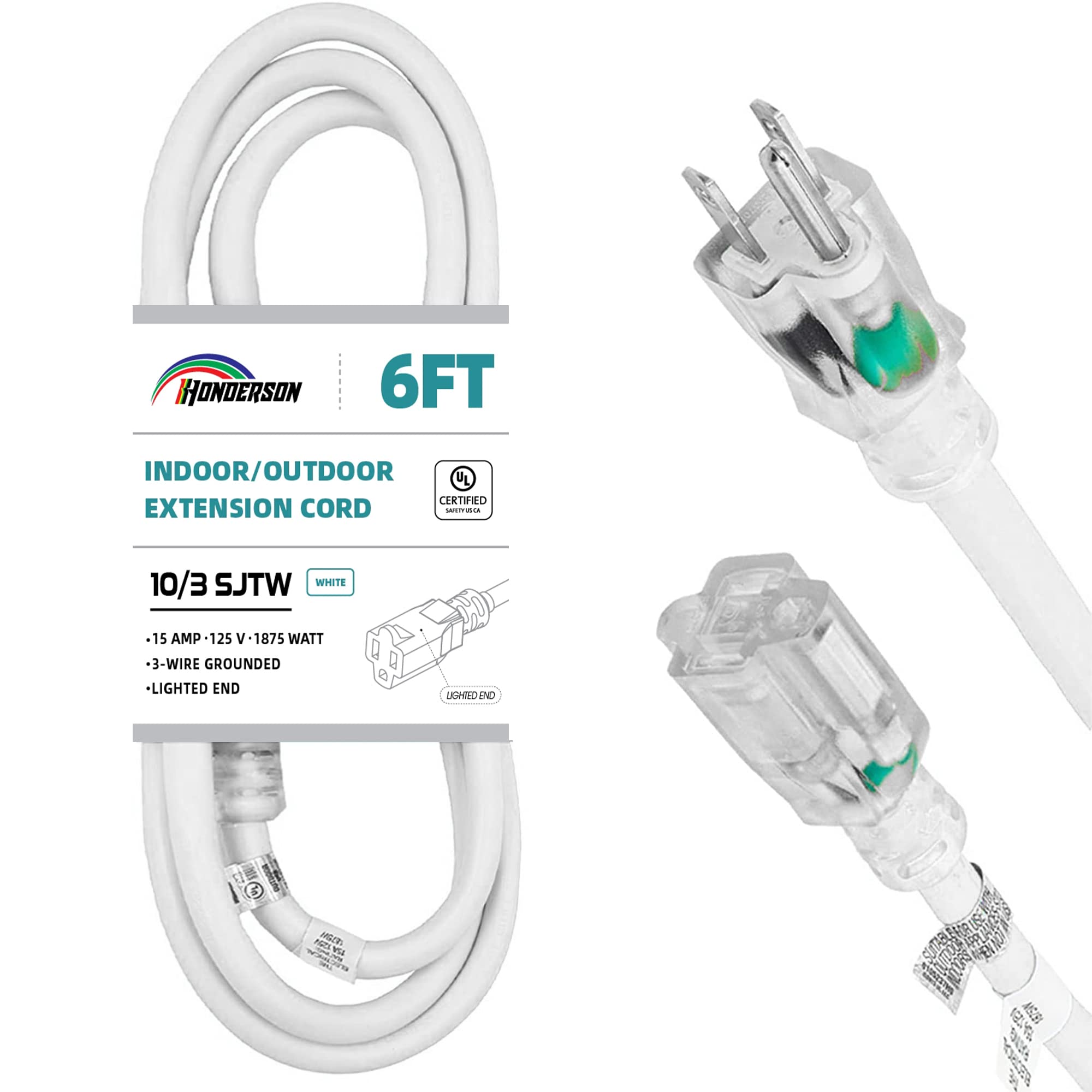 Honderson Indoor Outdoor Extension Cord Weatherproof With Lighted End, Ul Listed, 10 Gauge 6Ft White 3 Prong Heavy Duty Extensio