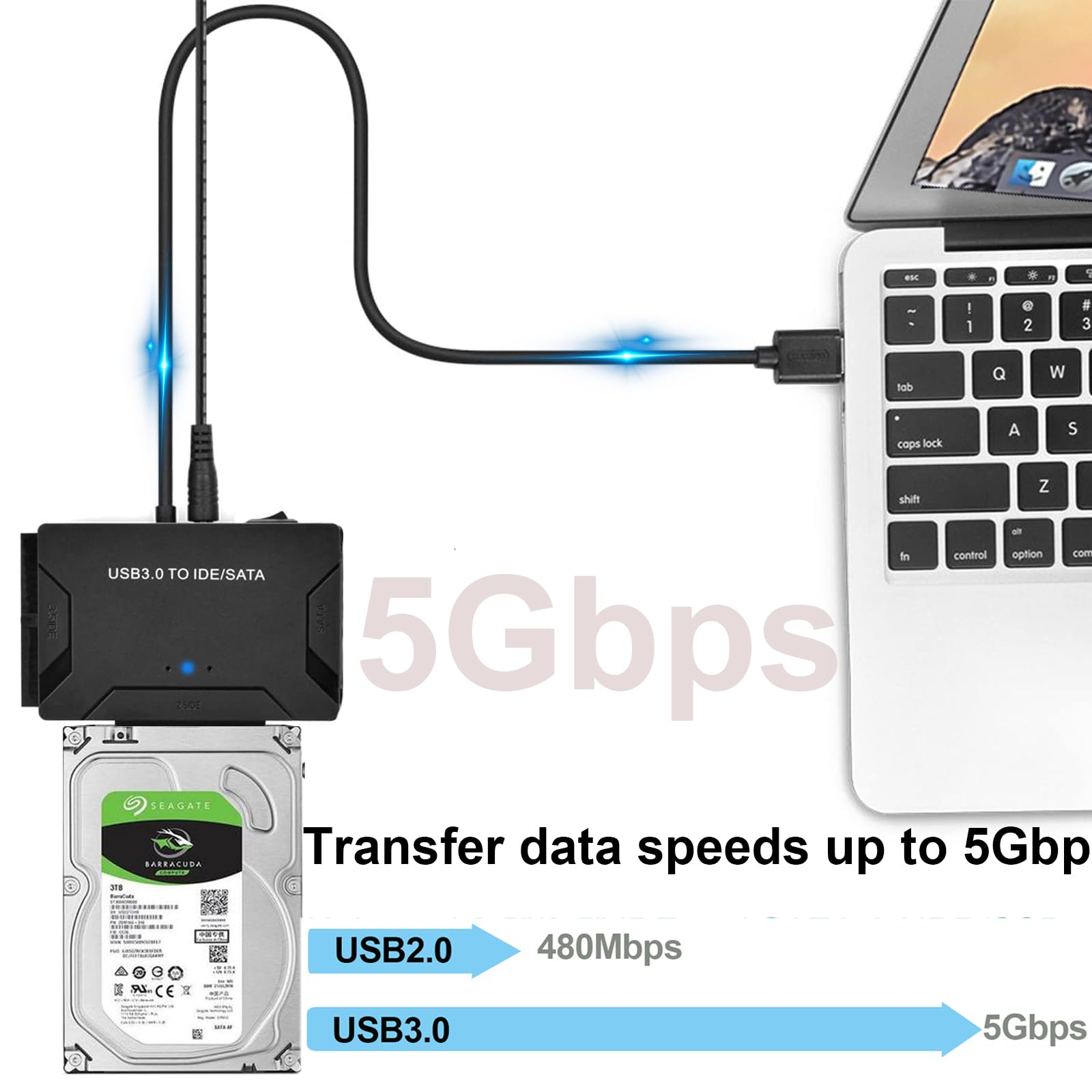 Eyoold Usb 3.0 To Sata Ide Adapter, Hard Drive Reader External Ultra Recovery Converter Compatible With 2.5'' 3.5'' Hdd, Ssd,5.2