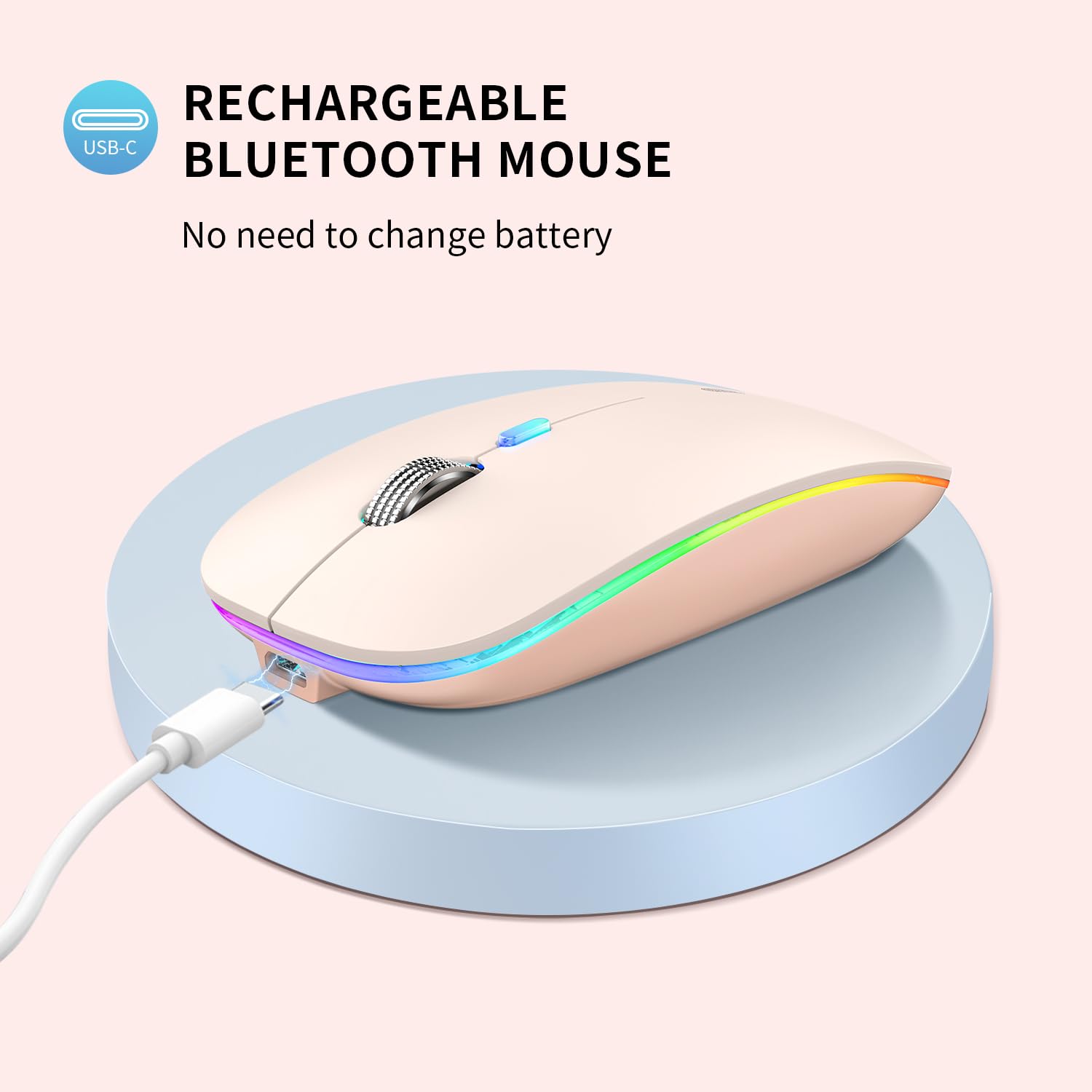 Tenmos Wireless Bluetooth Mouse, Led Slim (Bluetooth 5.1 + Usb) 2.4Ghz Rechargeable Silent Bluetooth Wireless Mouse With Type C Adapter For Laptop/Macbook/Ipad Os 13 And Above   Light Pink
