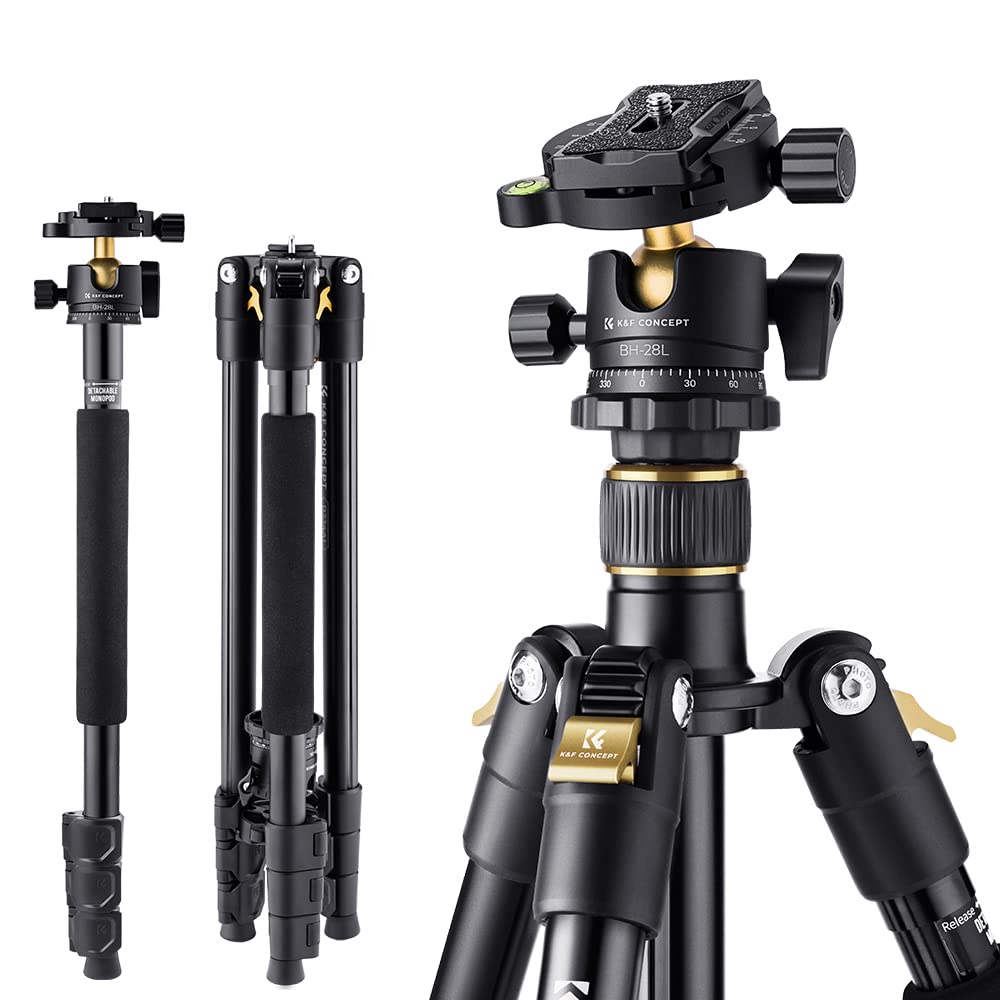 K&F Concept 64 Inch/161Cm Camera Tripod, Compact Aluminum Alloy Travel Tripods With 28Mm Metal Ball Head 10Kg/22Lbs Load Capacity, Detachable Monopod, For Slr Dslr Digital Camera(B234A1+Bh 28L)