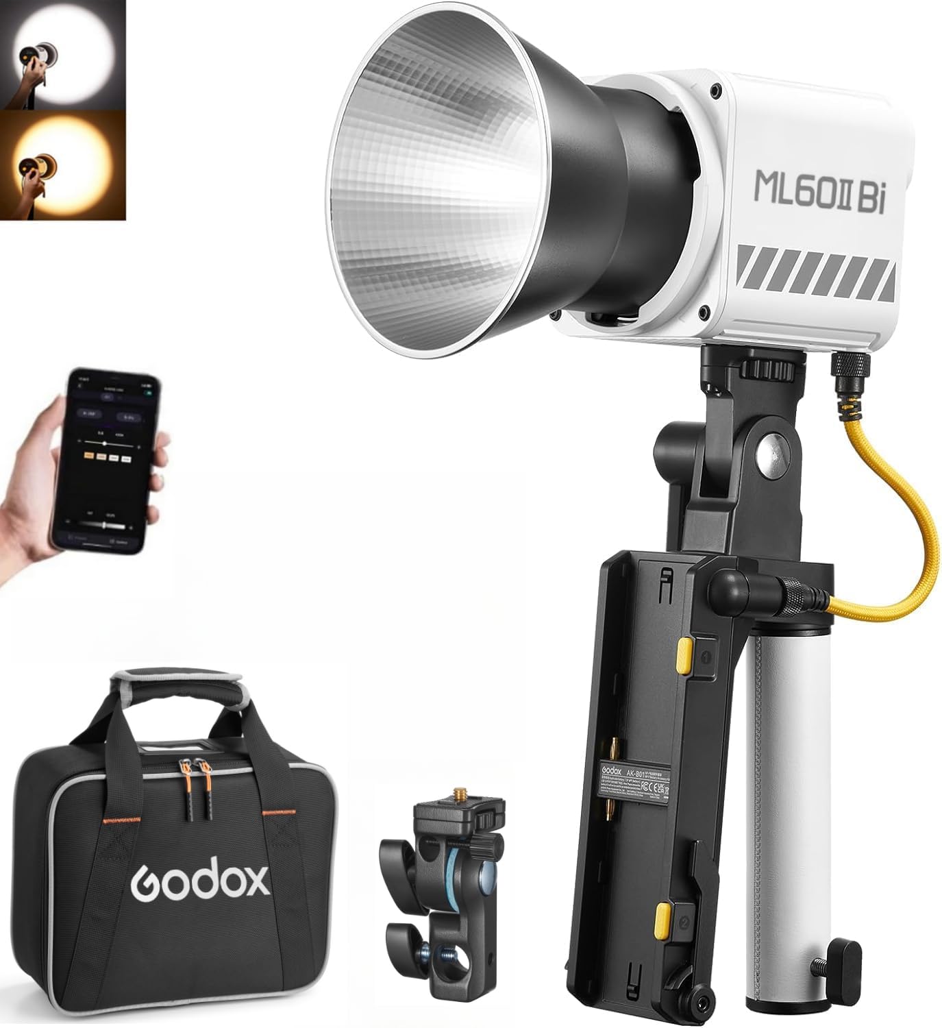 Godox Ml60Iibi Bi Color Led Video Light, 70W Handheld Led Light 2800K 6500K With Quiet Cooling Fan, Portable Cob Continuous Outp