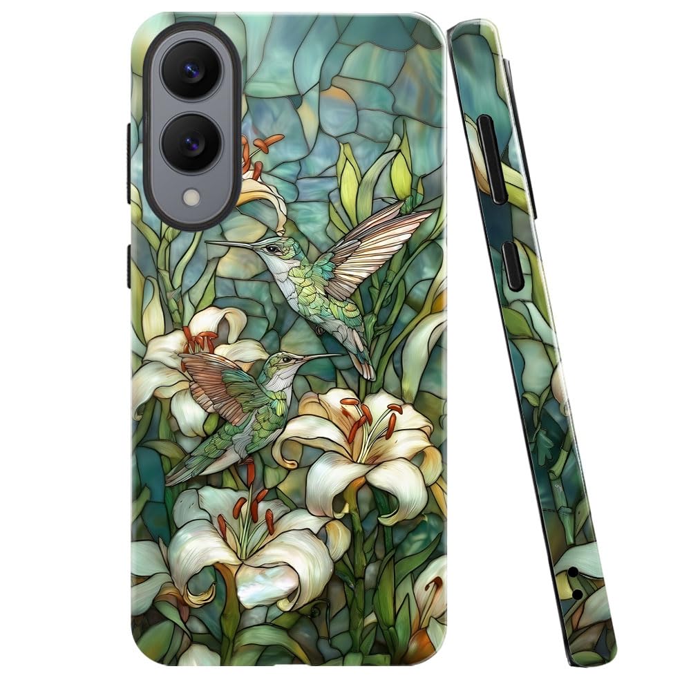 Case for Samsung Galaxy S25 Edge,Stained Glass Hummingbird Lily Phone Case Military-Grade Drop Protection Cover for Women Girl -