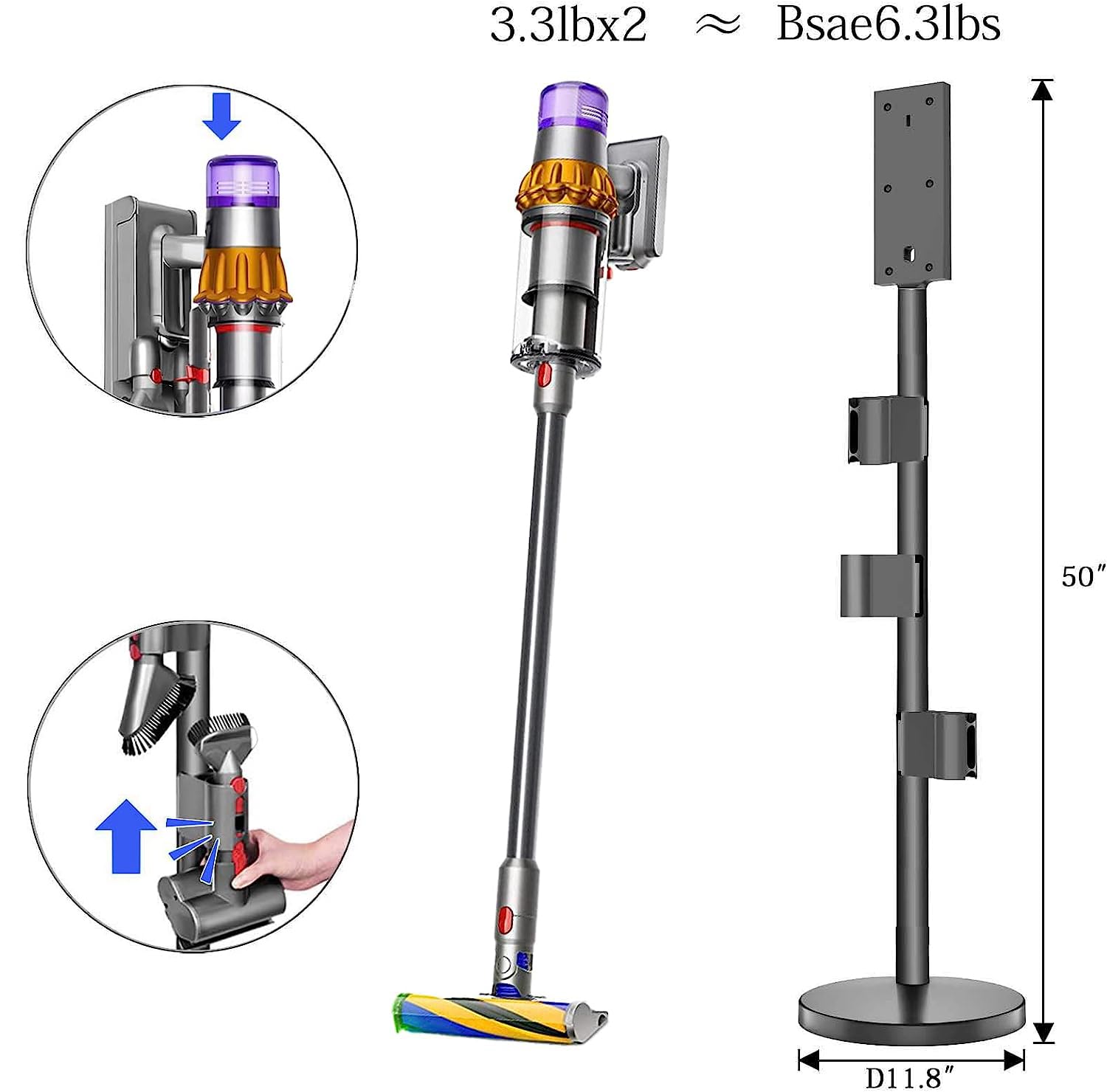 Lasvea Vacuum Stand For Dyson V15 Detect, V12,V11,V10,V8, V7 Sturdy Aluminum Tube Storage Holder, 6.2 Lbs Steel Base,3 Accessory