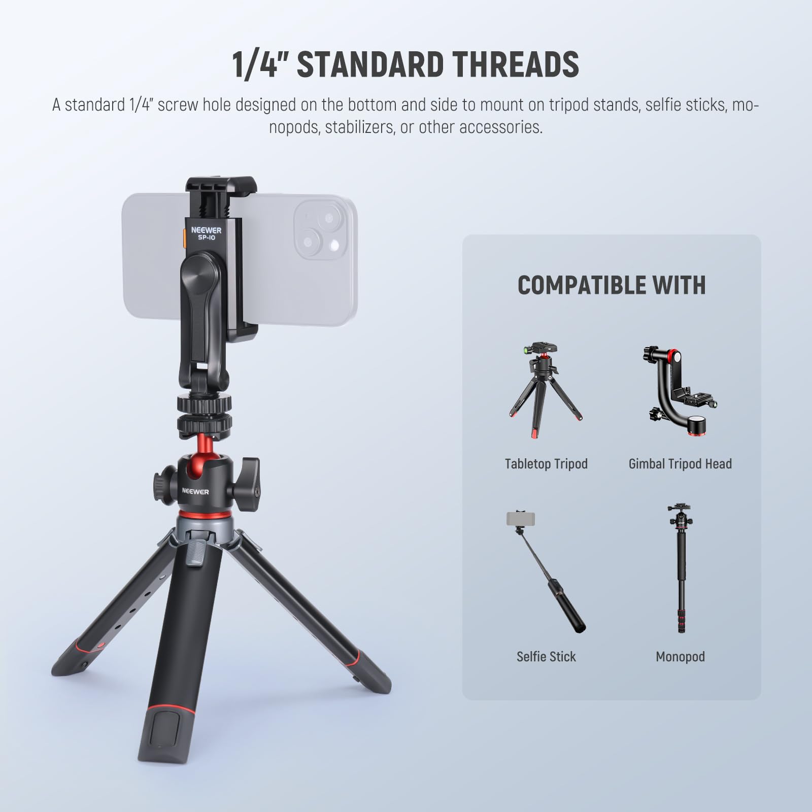 Neewer Basic Phone Tripod Mount Holder With 1/4'' Thread & Cold Shoe, 2.36''-3.54''/6-9Cm 360 Rotatable Camera Mount Cellphone C