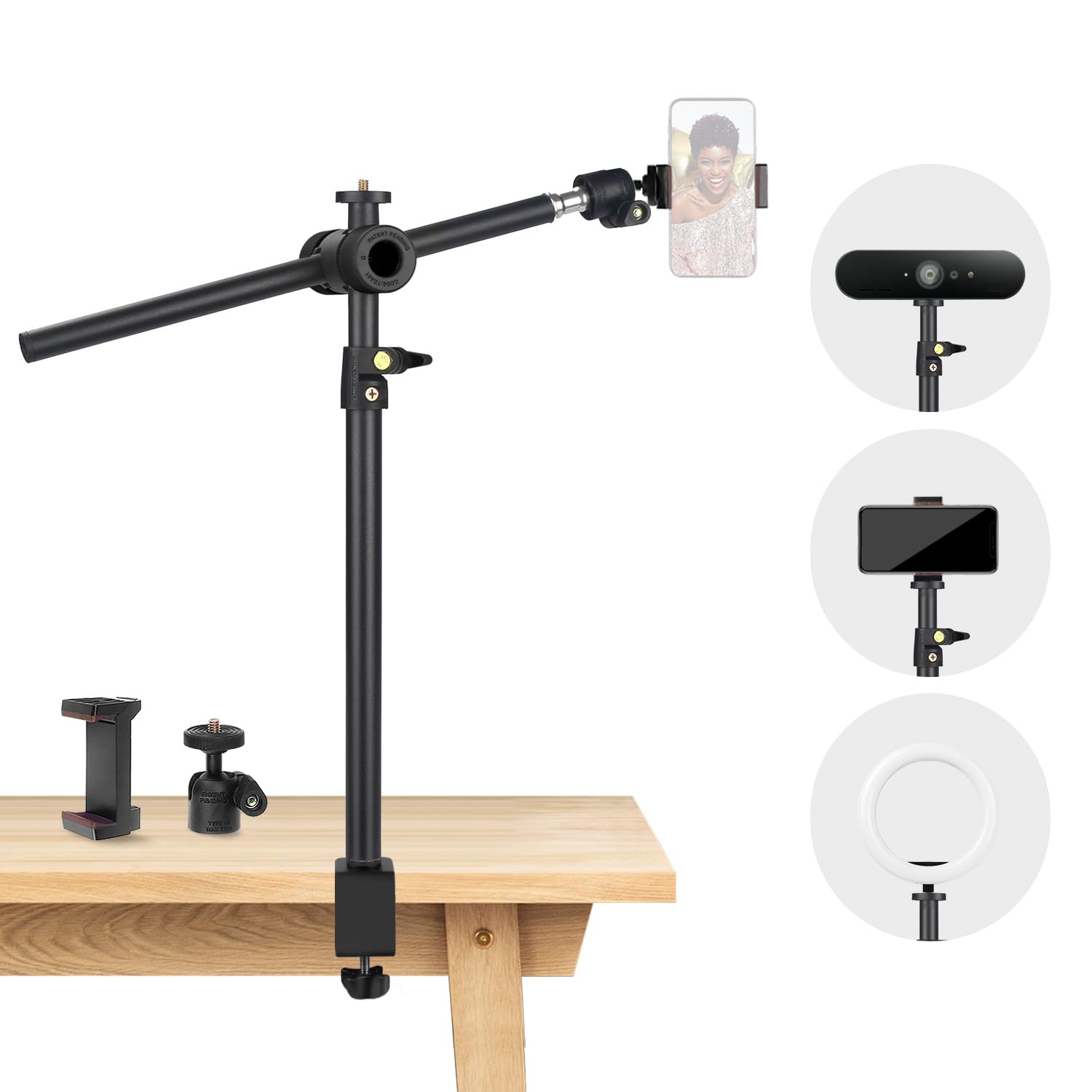 Jebutu Overhead Camera Mount Desk Stand With 360Adjustable Holding Arm, Camera Mount Boom Arm Stand, Webcam Desk Mount With Magi