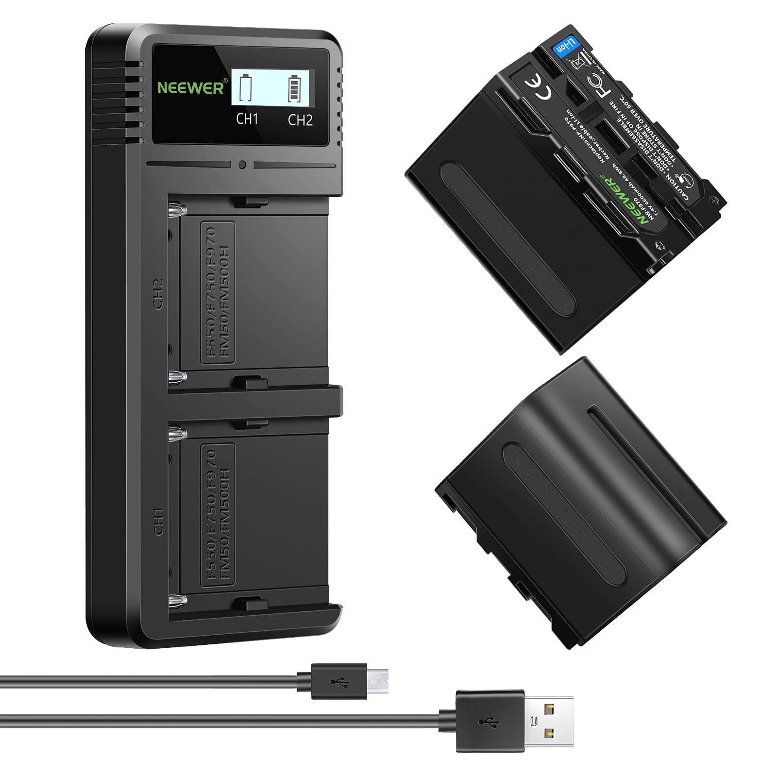 Neewer Fast Charger Dual Usb With 2 Pack 6600Mah Replacement Np F970 Batteries, Compatible With Sony Np F970 F960 F950 F770 F750