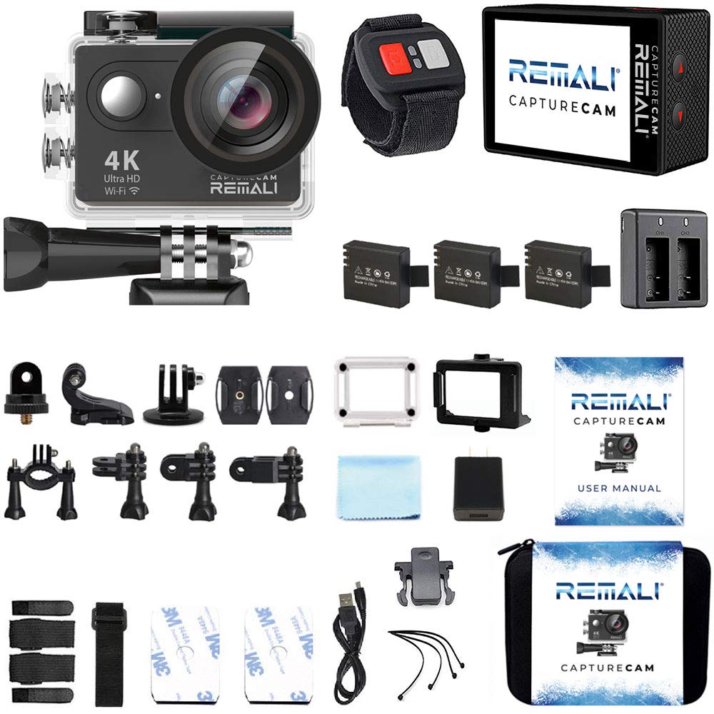 Remali Capturecam 4K Ultra Hd And 12Mp Waterproof Sports Action Camera Kit With Carrying Case, 3 Batteries, Dual Battery Charger