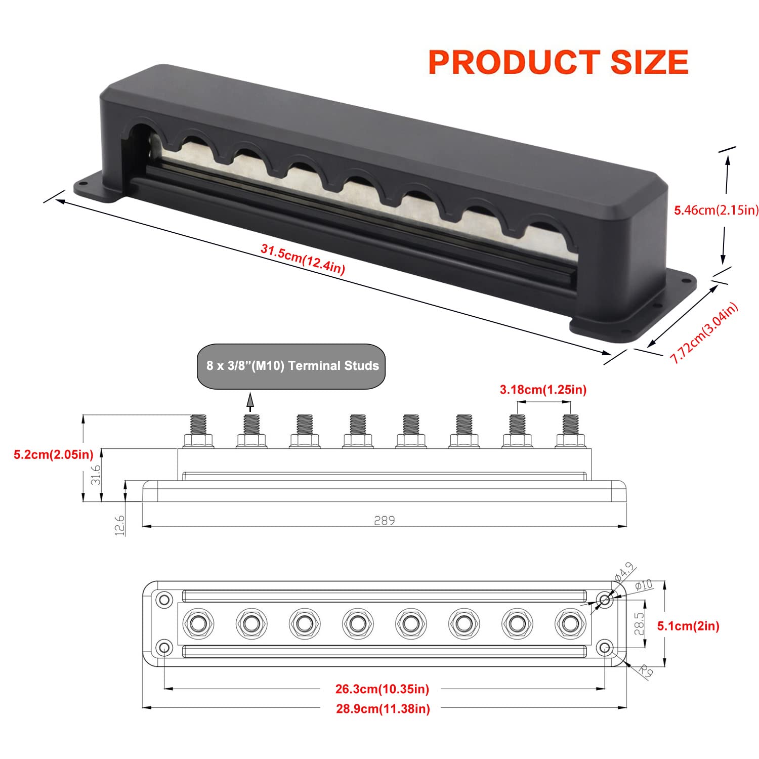Heavy Duty 3/8'' Bus Bar Copper 600A Power Distribution Block 8 Studs Terminals 48V Dc/ 300V Ac, 12V Ground Battery Busbar W/Tin