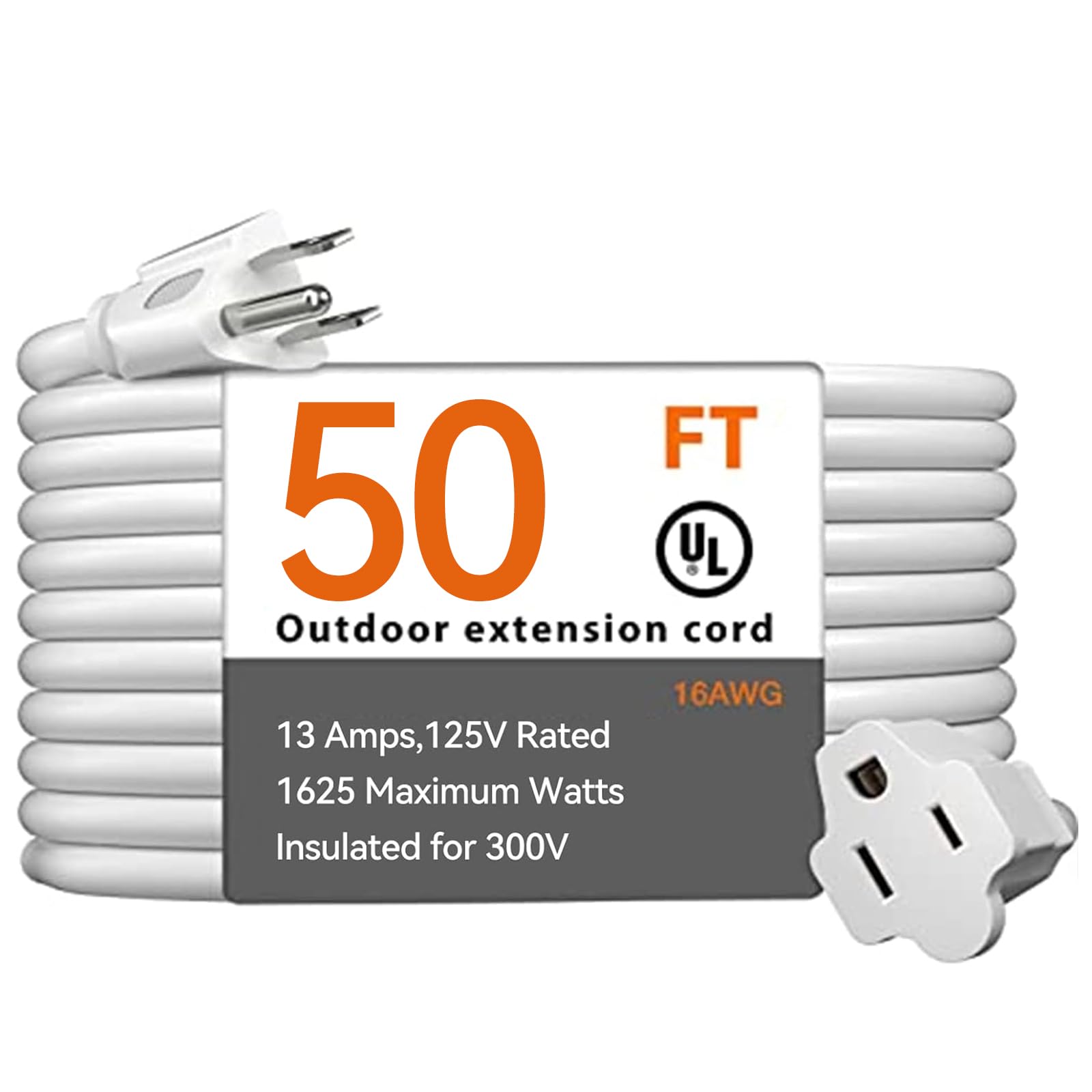 50 Feet Outdoor Extension Cord Waterproof, White Extreme All Weather 16 Gauge Extensions Cord With Covers, Flexible 100% Copper