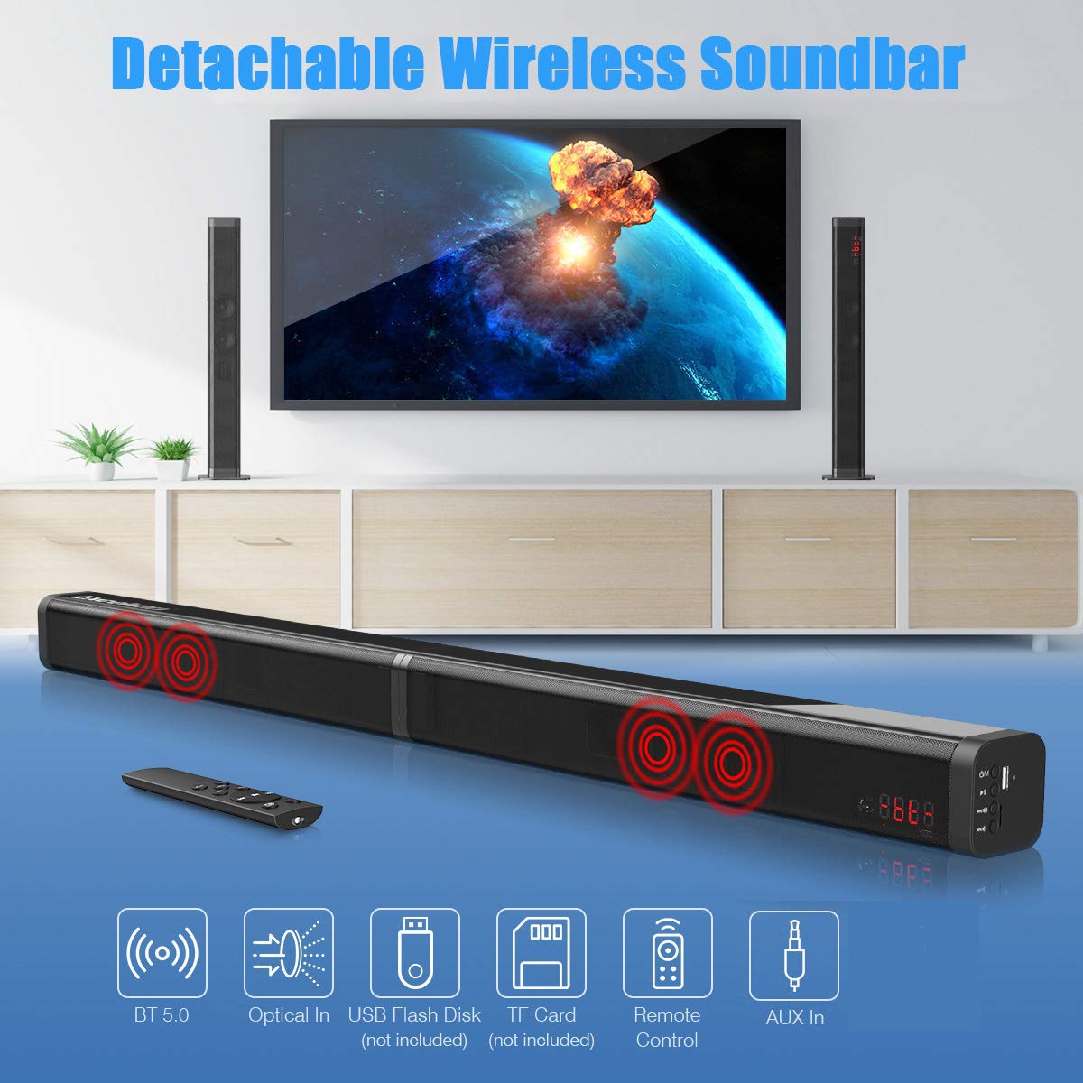 Samtronic 40W Detachable Soundbar For Tv,37 Inches Bluetooth Tv Sound Bar Speaker Build In Subwoofer 3D Surround Sound Home Thea