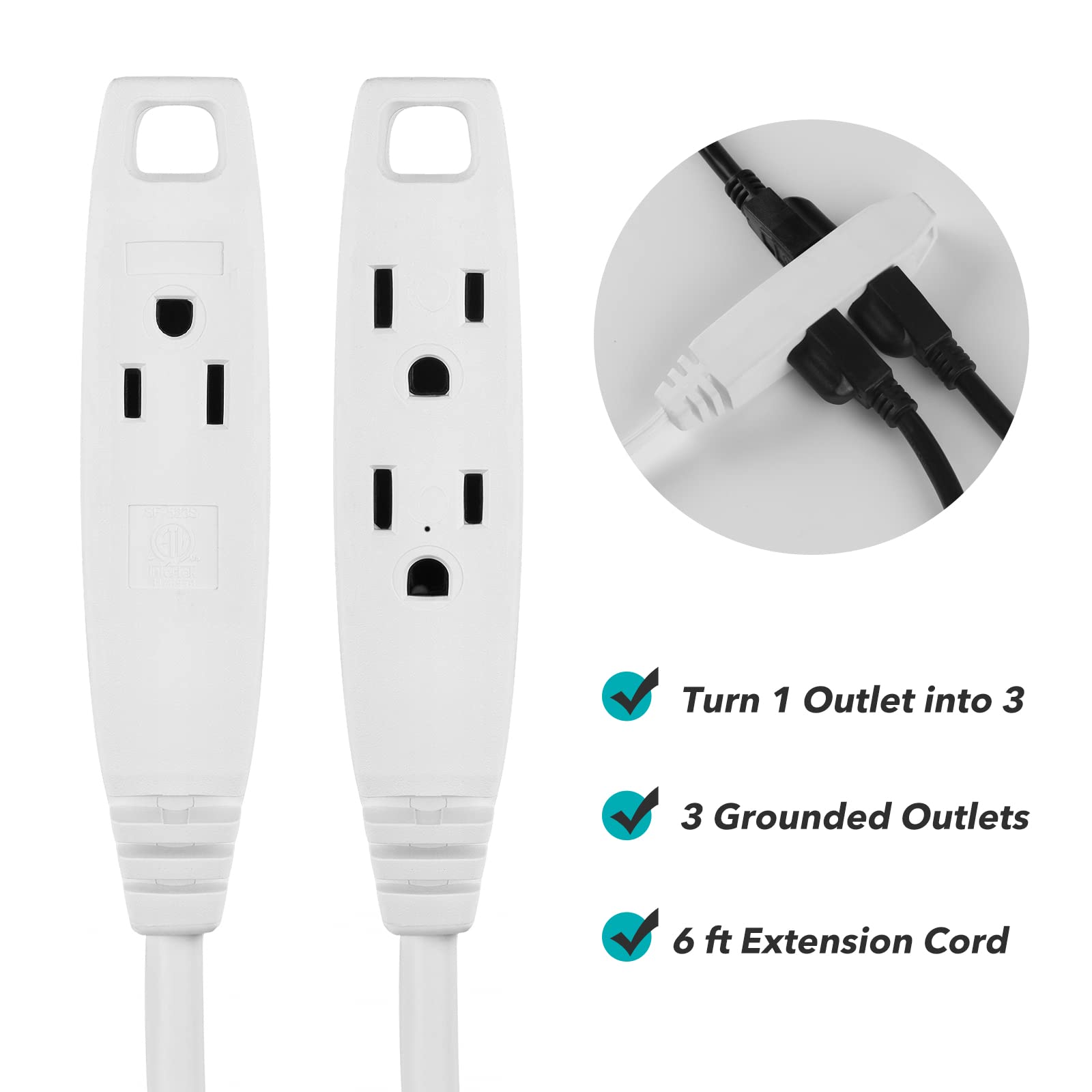 Clear Power 6 Ft 3 Outlet Heavy Duty Flat Plug Extension Cord 14/3 Sjt For Small Tools, Appliance And Office Equipment, White, 3 Prong Grounded, Dcic 0046 Dc