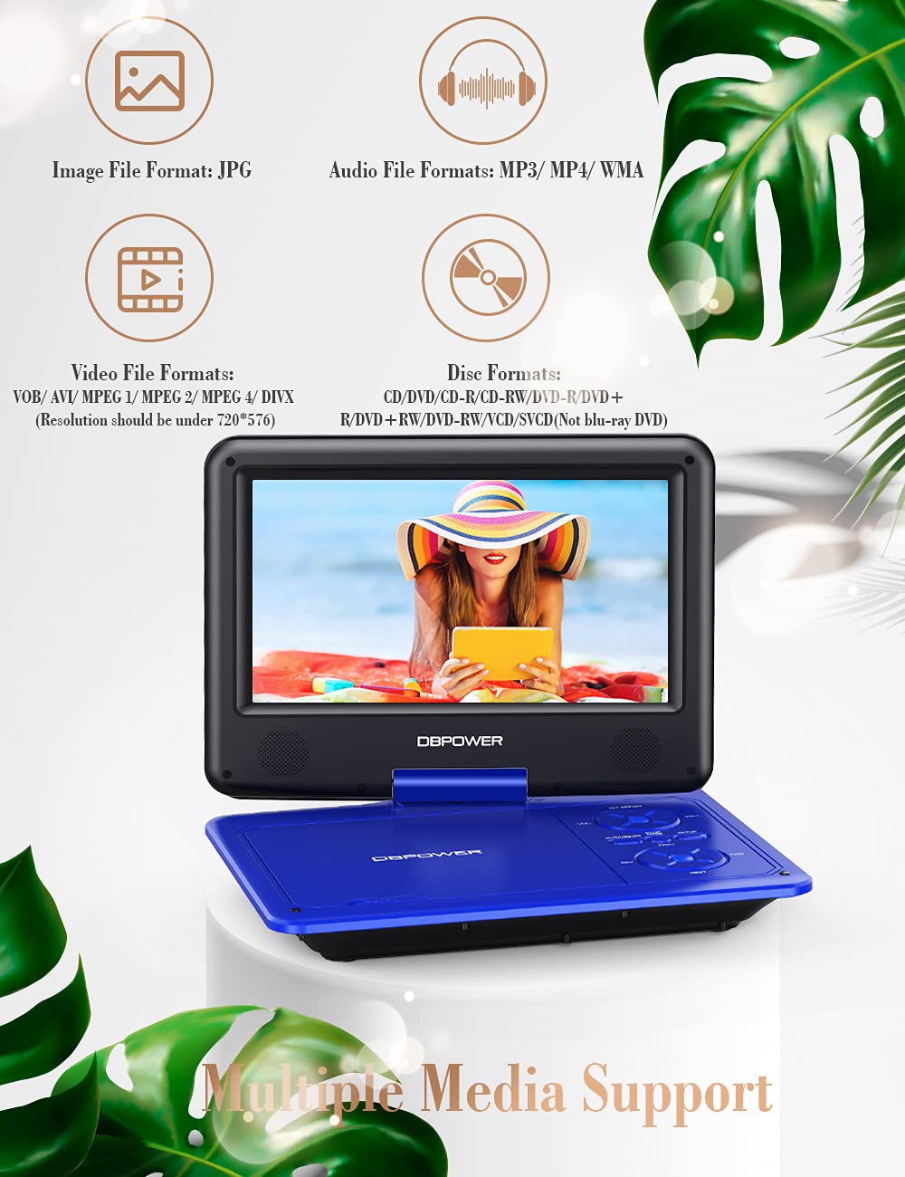 Dbpower 11.5'' Portable Dvd Player, 5 Hour Built In Rechargeable Battery, 9'' Swivel Screen, Support Cd/Dvd/Sd Card/Usb, With Re