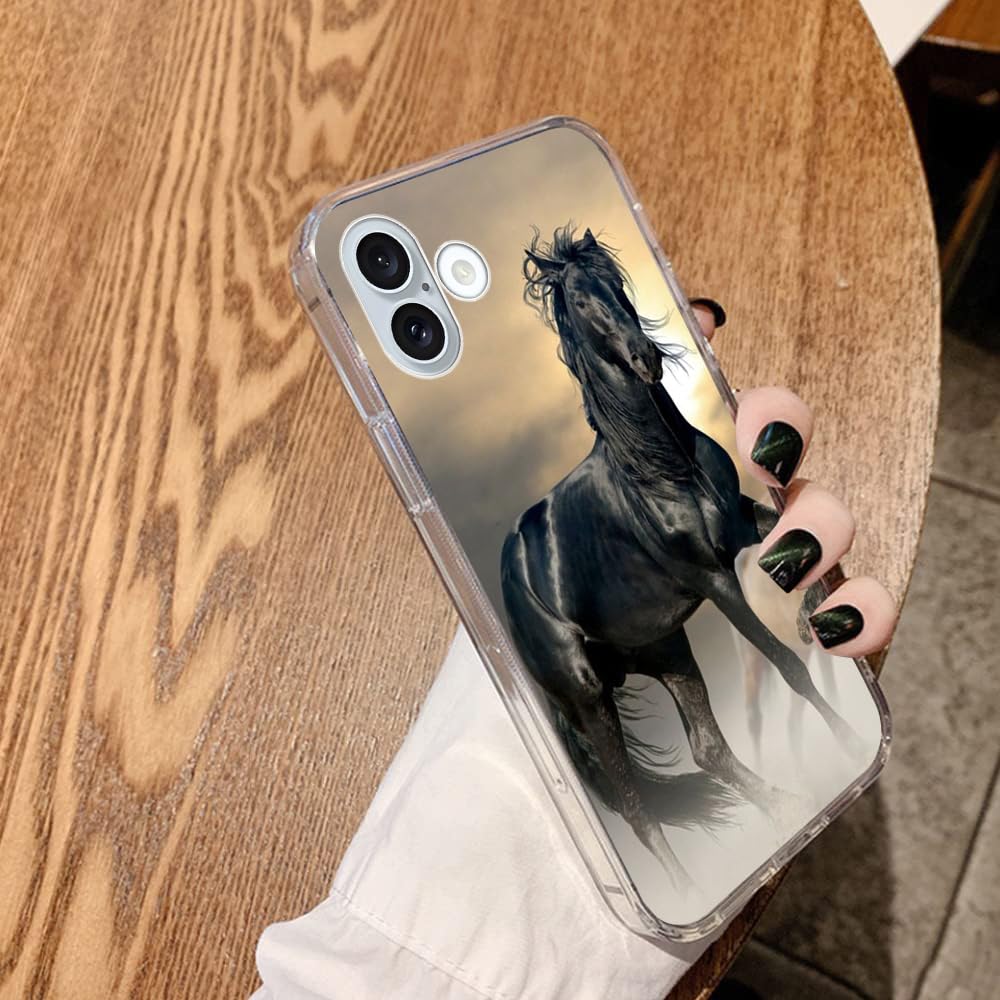 Hanlinzhiya Compatible With Iphone 16 Case, Black Horse Cool Animal Horse Design Drop Protection Slim Shockproof Tpu Clear Case