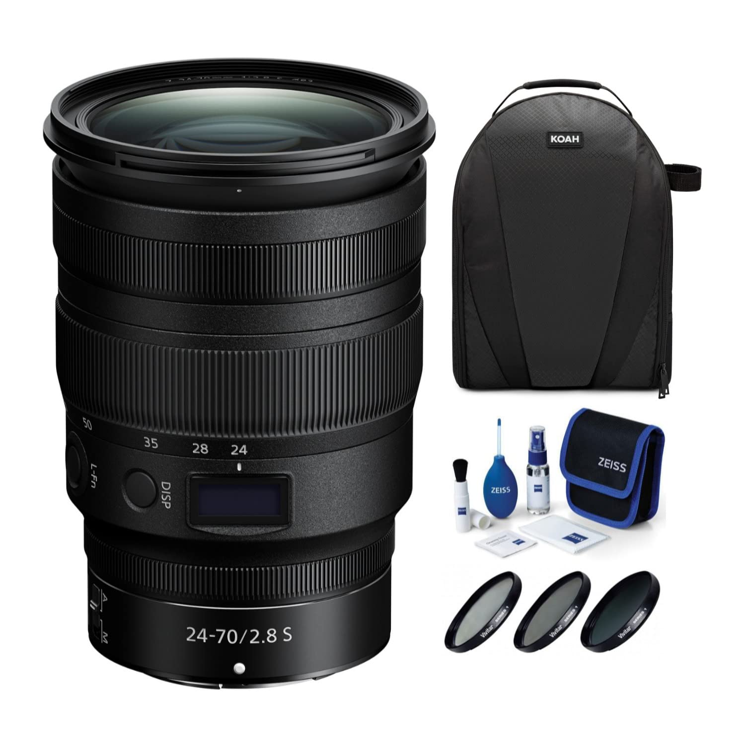 Nikon NIKKOR Z 24-70mm f/2.8 S Lens for Mirrorless Cameras Bundle with Backpack, 3-Piece Filter Kit and Lens Cleaning Kit (4 Ite