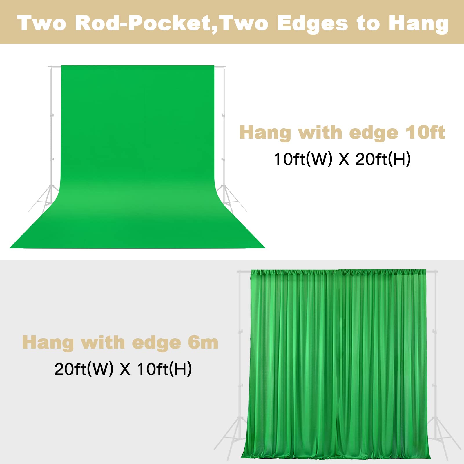 10X20Ft Large Green Screen Backdrop For Photography, Lcuirc Two Rod Pocket Chromakey Collapsible Green Polyester Curtain With 4