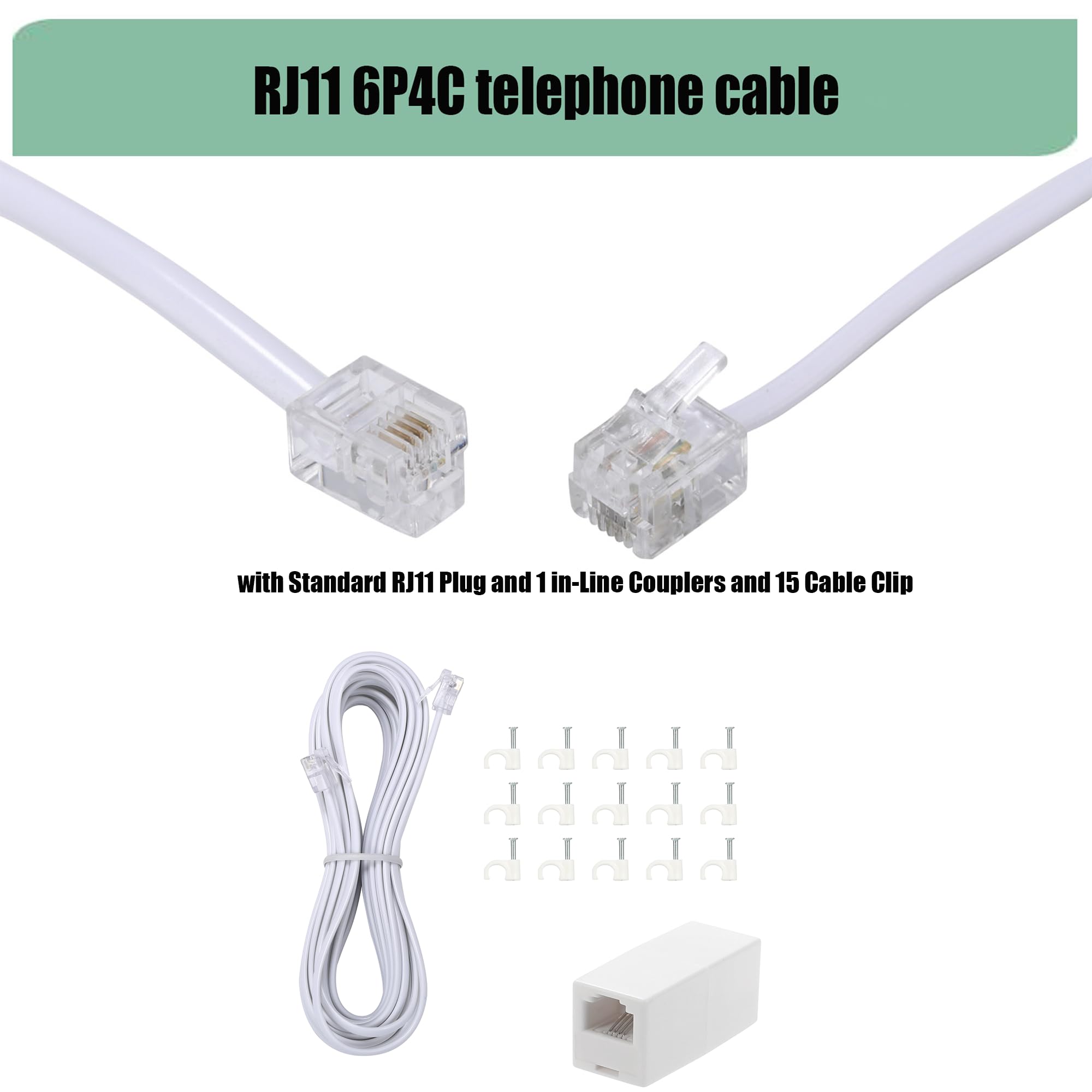 Toyayayo Long Telephone Extension Cord Phone Cable Line Wire, With Standard Rj11 Plug And 1 In Line Couplers And 15 Cable Clip H