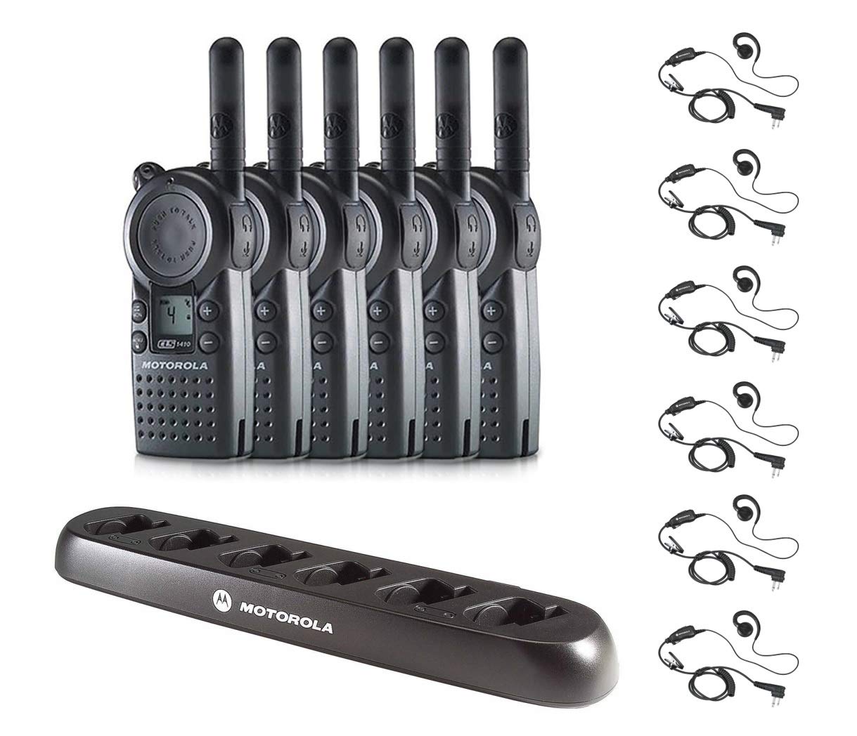 6 Pack Of Motorola Cls1410 Walkie Talkie Radios With Headsets & 6 Bank Charger
