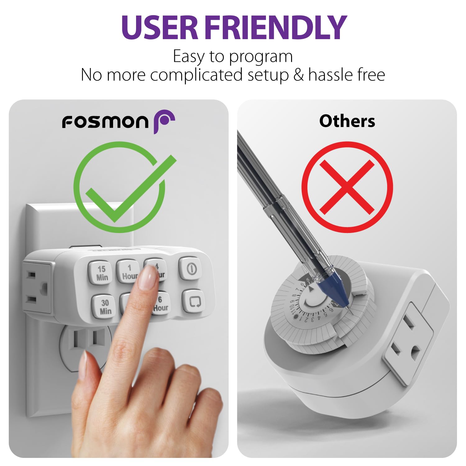 Fosmon Indoor Countdown Timer Outlet, Plug In Light Timers For Electrical Outlets, Heavy Duty Compact Ac Timer For Appliance, La