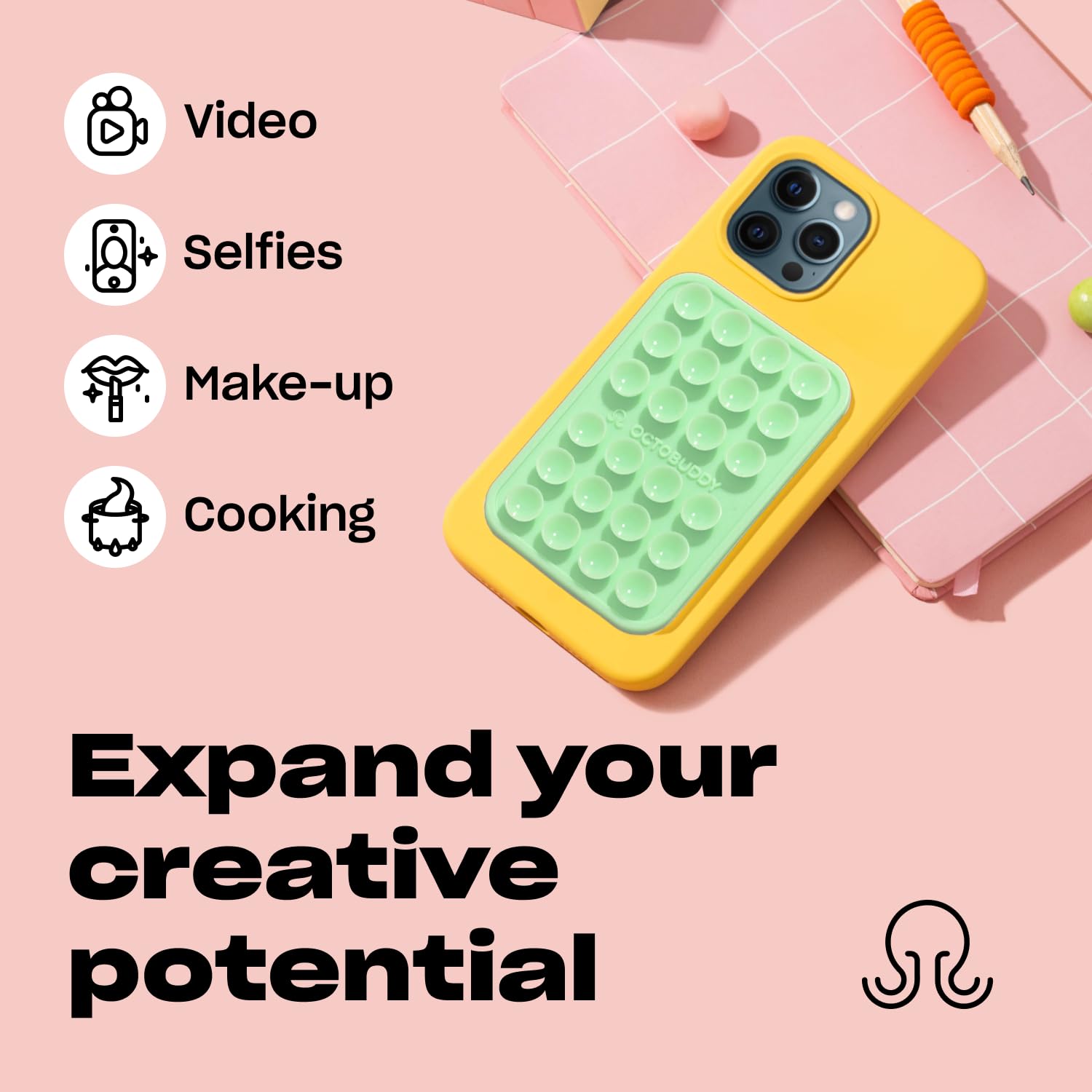 Octobuddy Max Silicone Suction Phone Case Adhesive Mount - Hands-Free, Strong Grip Holder For Selfies & Videos - Durable, Easy T