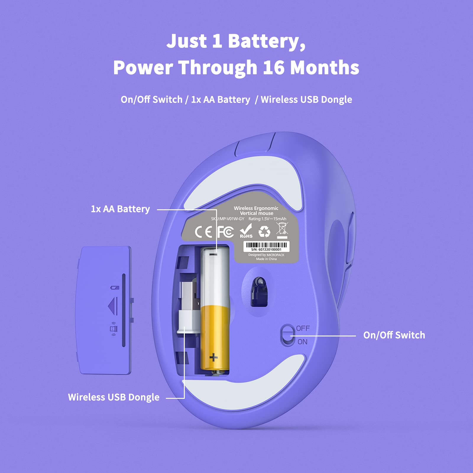 Ergonomic Wireless Mouse With Usb Receiver For Pc Computer, Laptop And Desktop, Ergo Mouse Vertical With Silent Clicks Long Batt