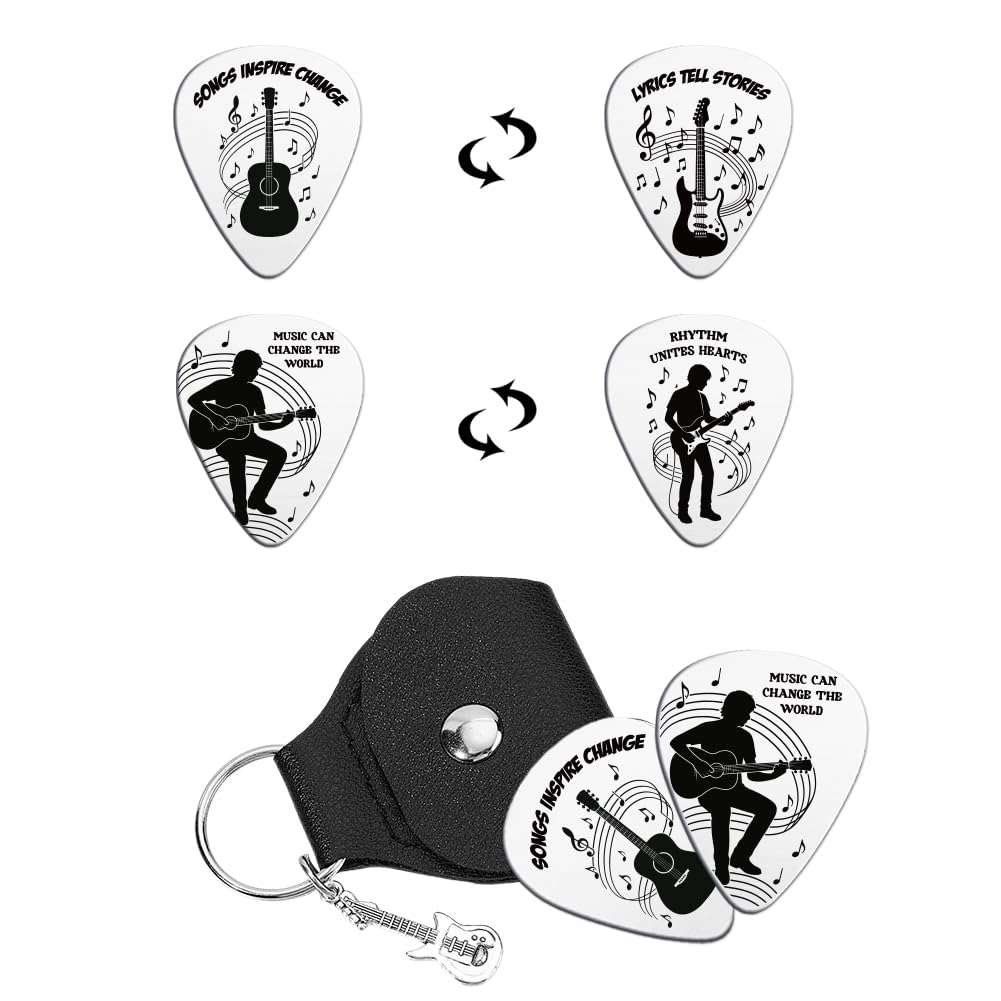 Unicraftale 2Pcs 2 Styles Player Guitar Picks Gifts Guitar Pick Keychain Motivation Words DoubleSide Stainless Steel Guitars Pi