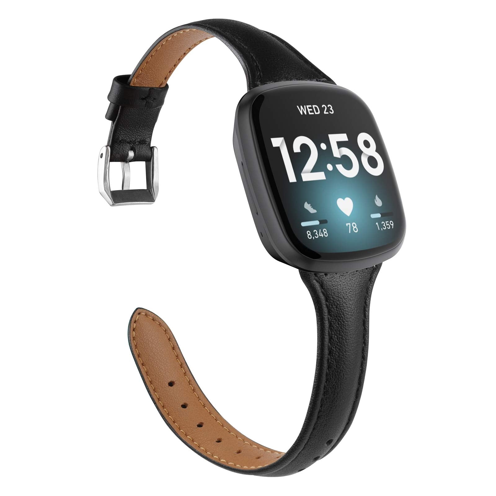 Moolia Compatible With Fitbit Versa 4/Versa 3/Sense 2/Sense Band For Women Slim Strap, Top Grain Genuine Thin Leather Replacemen