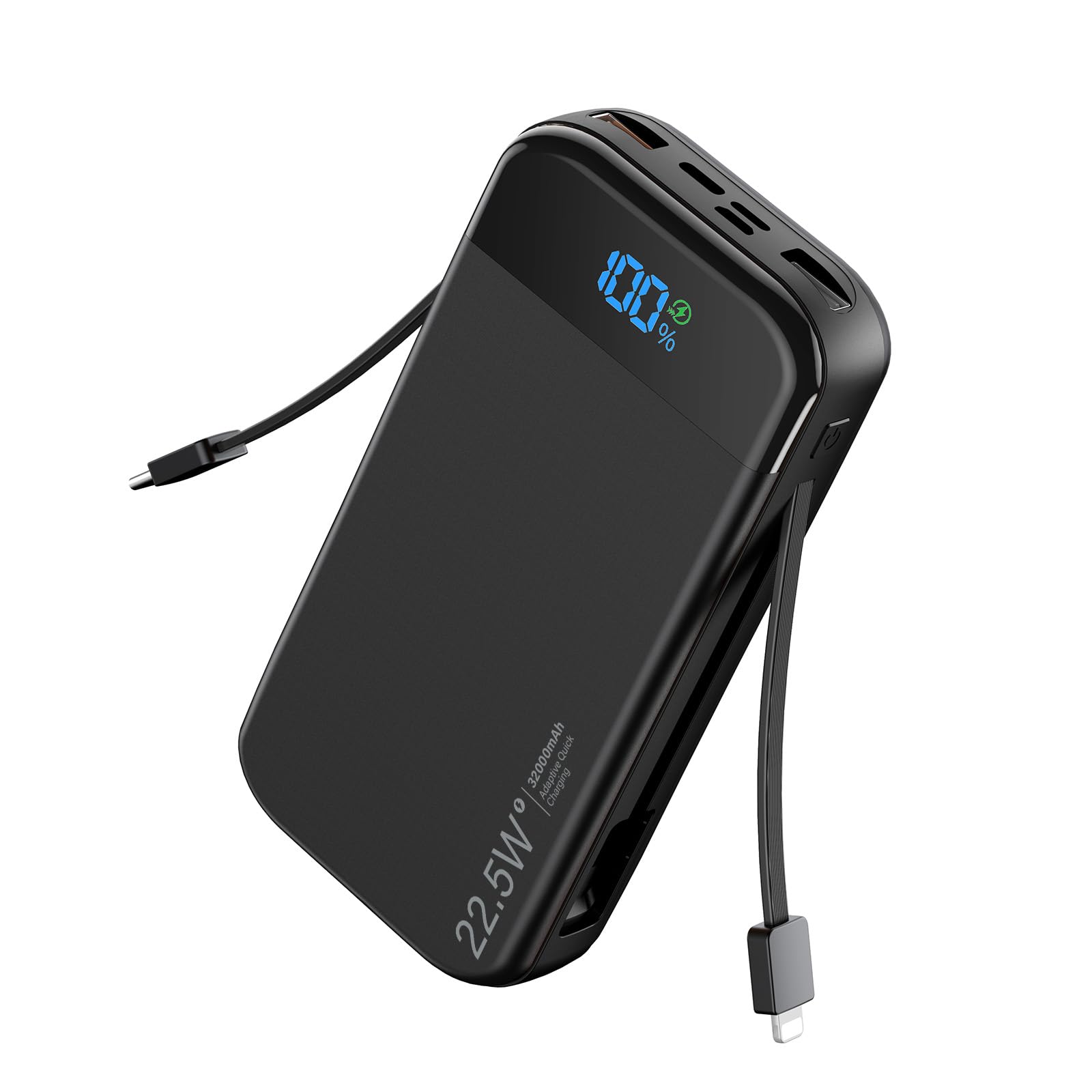 LENGSUM Portable Charger Power Bank Built-in Cables, 32000mAh 22.5W USB C Fast Charging, 5 Outputs 3 Inputs Travel Essentials Ba