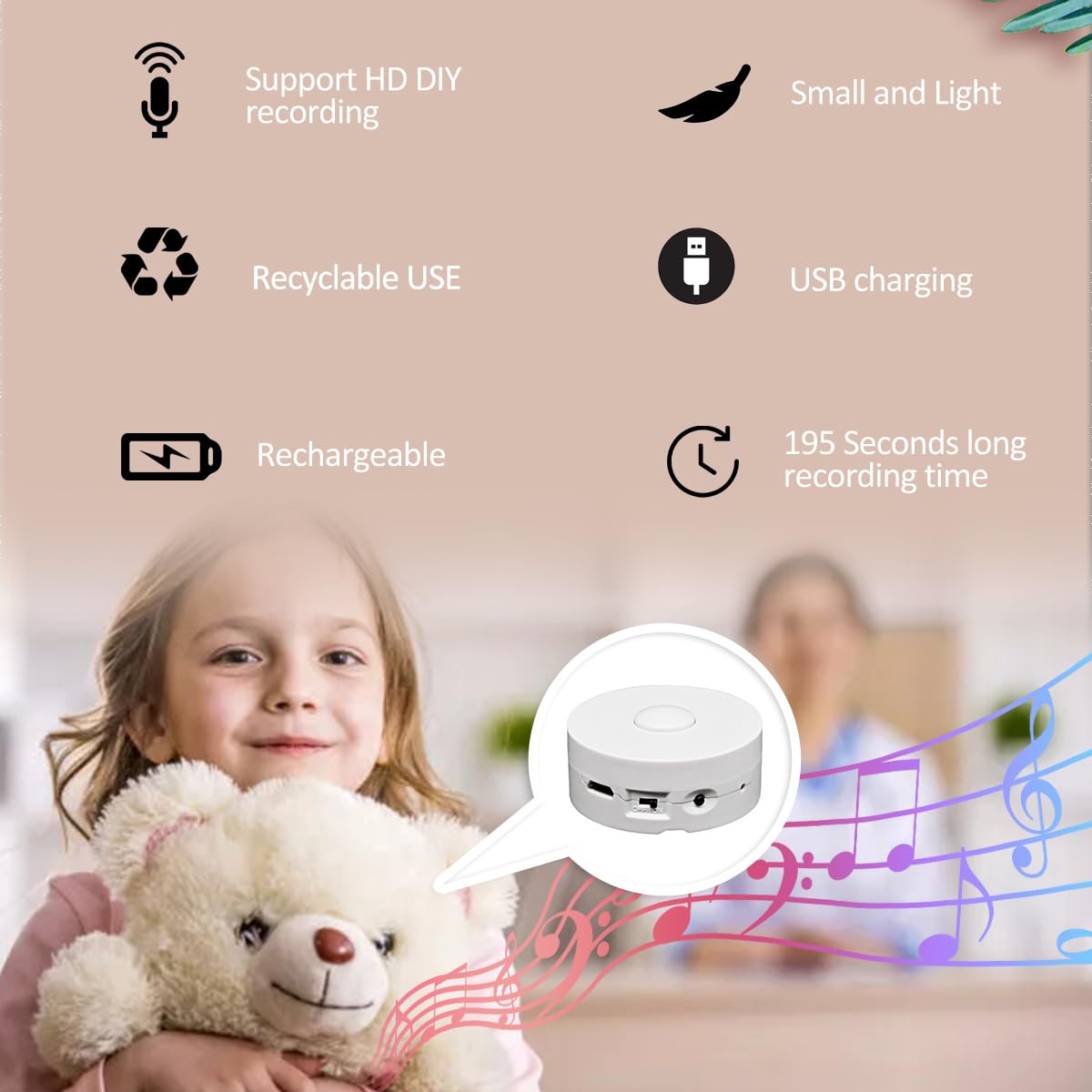 Xlw Voice Recorder, 195 Seconds Message Voice Recording Button, Record Custom Messages For Plush Toy, Stuffed Bear Toy, Baby Dol