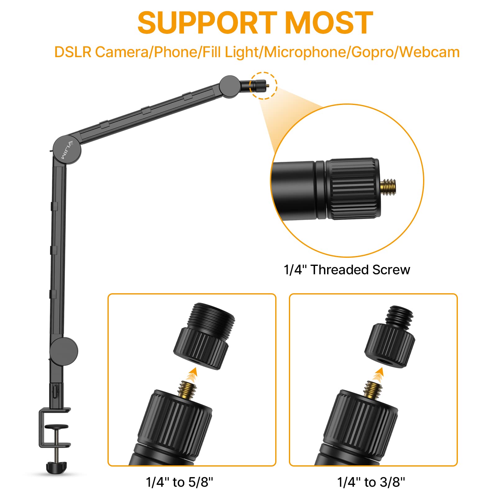 Pictron Vijim Ls25 Camera Desk Mount, Flexible Overhead Webcam Stand With Boom Arm, Table C Clamp Suitable For Photography Videography Live Stream